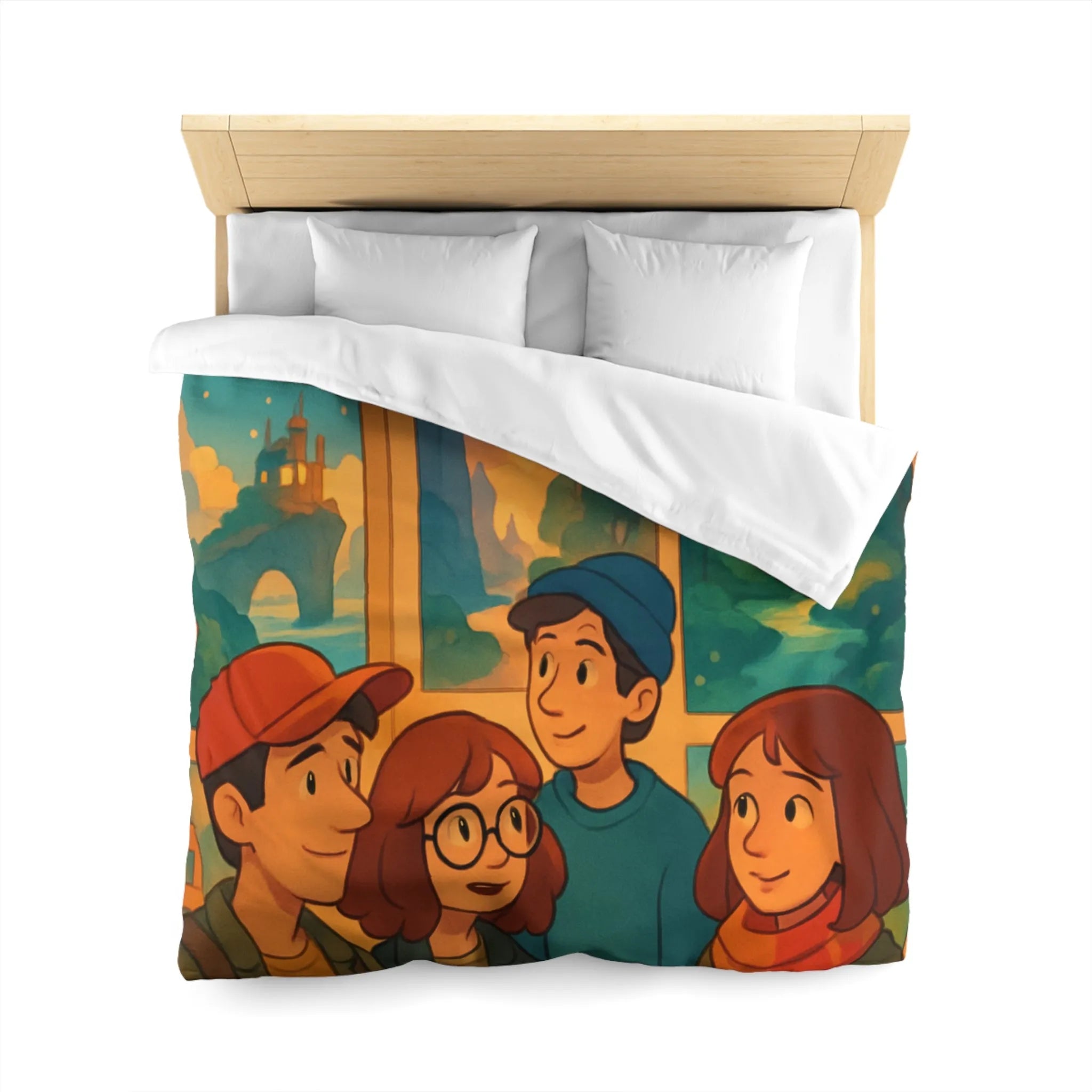 Housse de couette colorée avec paysages enchanteurs et personnages stylisés en exposition artistique