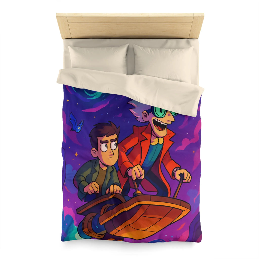 Housse de couette avec illustration d’aventuriers et animaux dans l’espace coloré et rétro