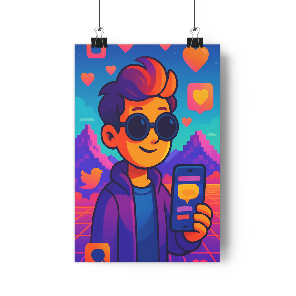 Poster décoratif moderne cartoon néon pastel personnage pixelisé smartphone réseaux sociaux chambre salon 30