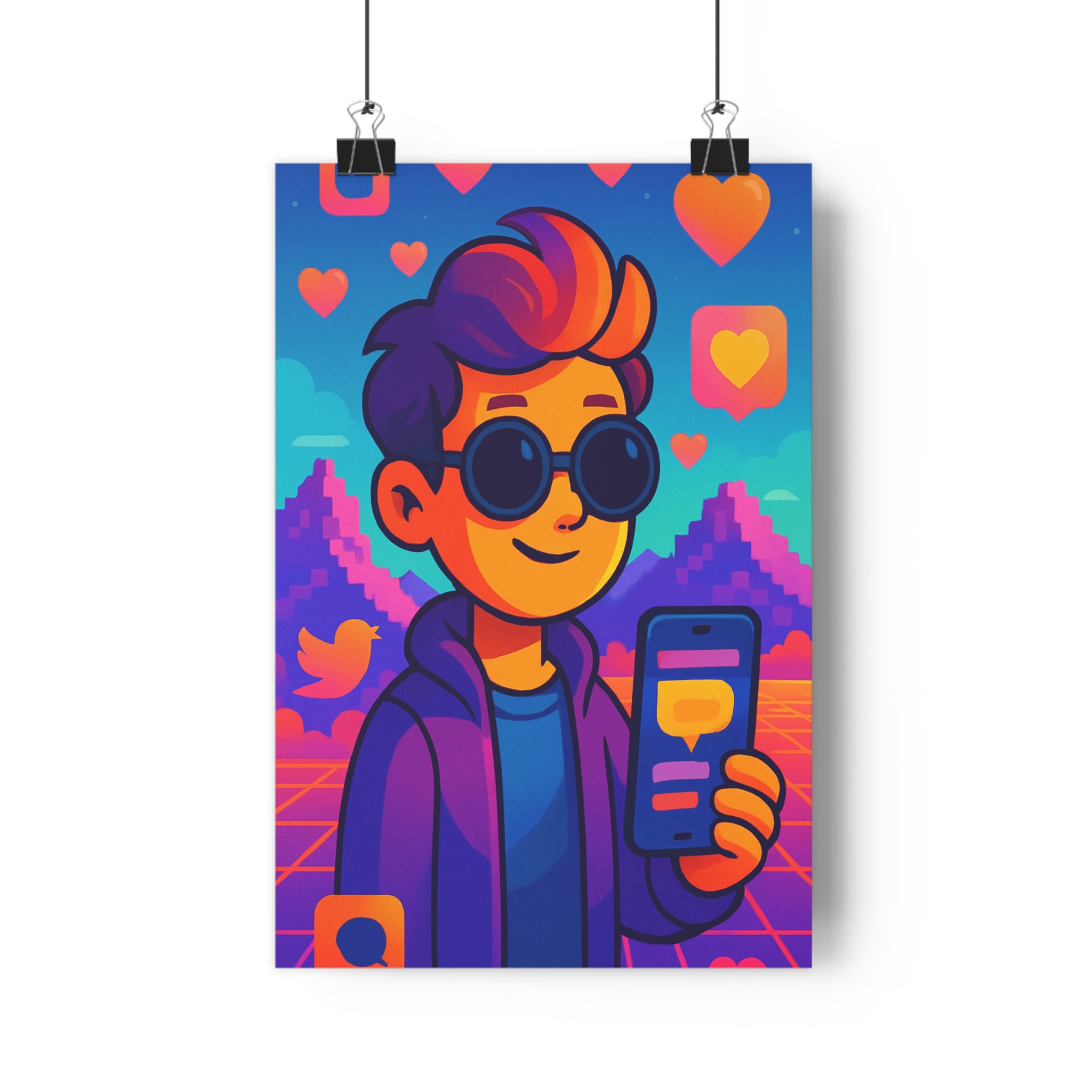 Poster décoratif moderne cartoon néon pastel personnage pixelisé smartphone réseaux sociaux chambre salon 30