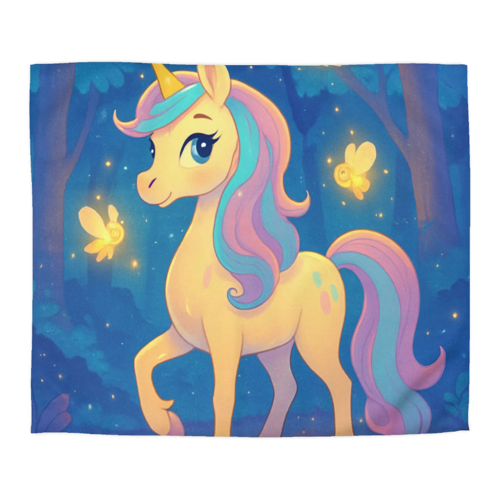 Housse de couette avec licorne féerique et lucioles dans une forêt enchantée