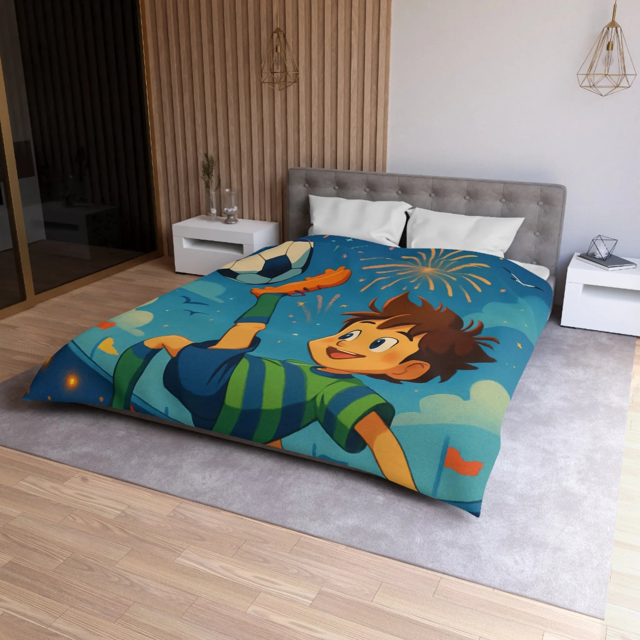 Housse de Couette Enfant Festive avec Football et Feux d'Artifice Multicolores Animés