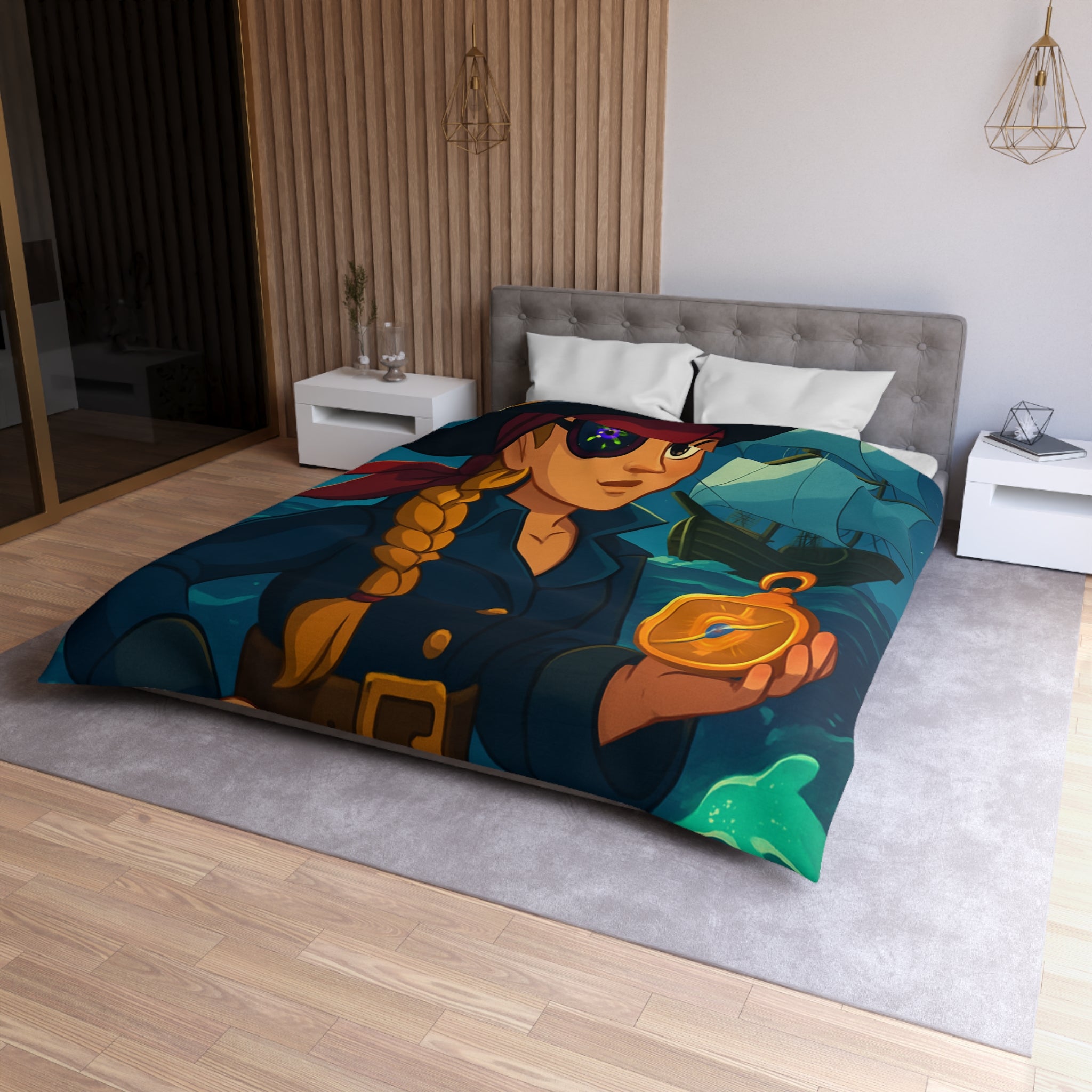 Housse de couette pirate colorée avec femme audacieuse, boussole et bateau illuminé