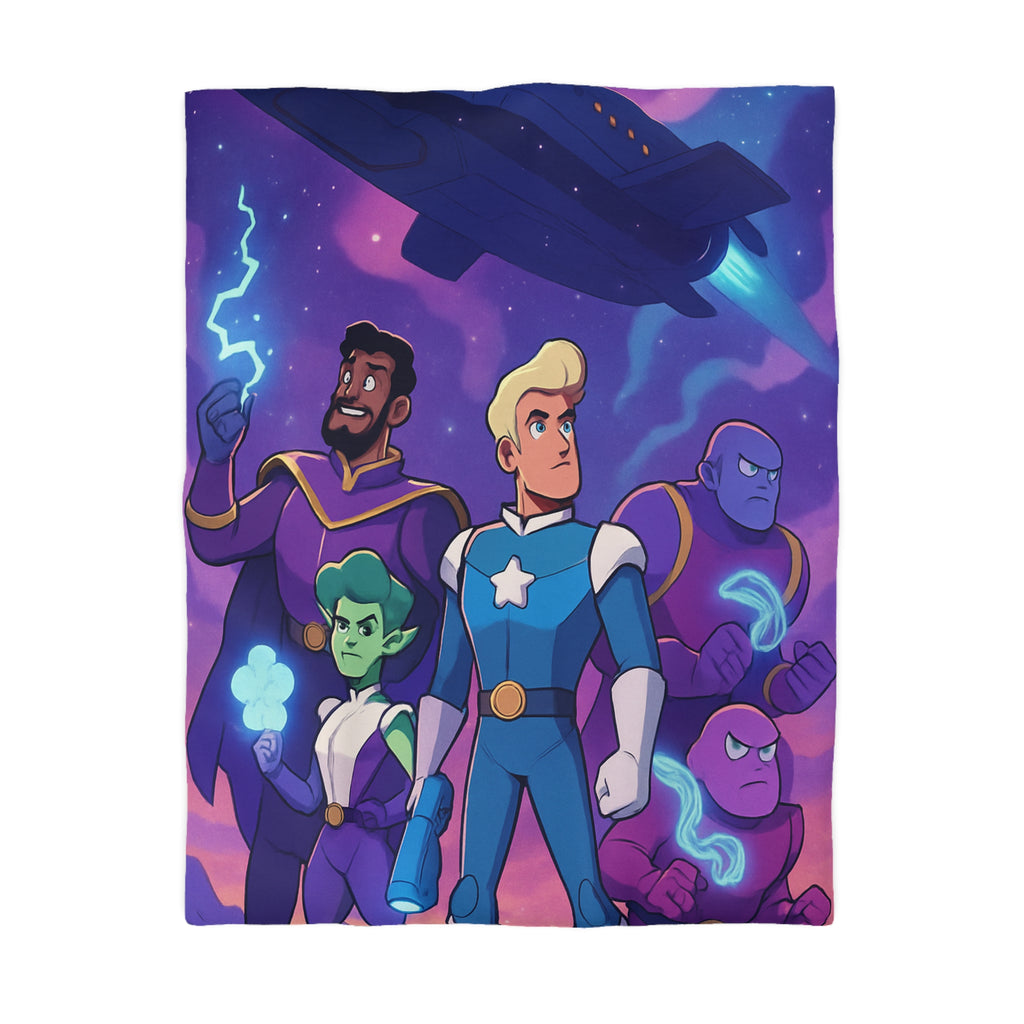 Housse de couette spatiale avec héroïques personnages animés sous vaisseau intergalactique étoilé