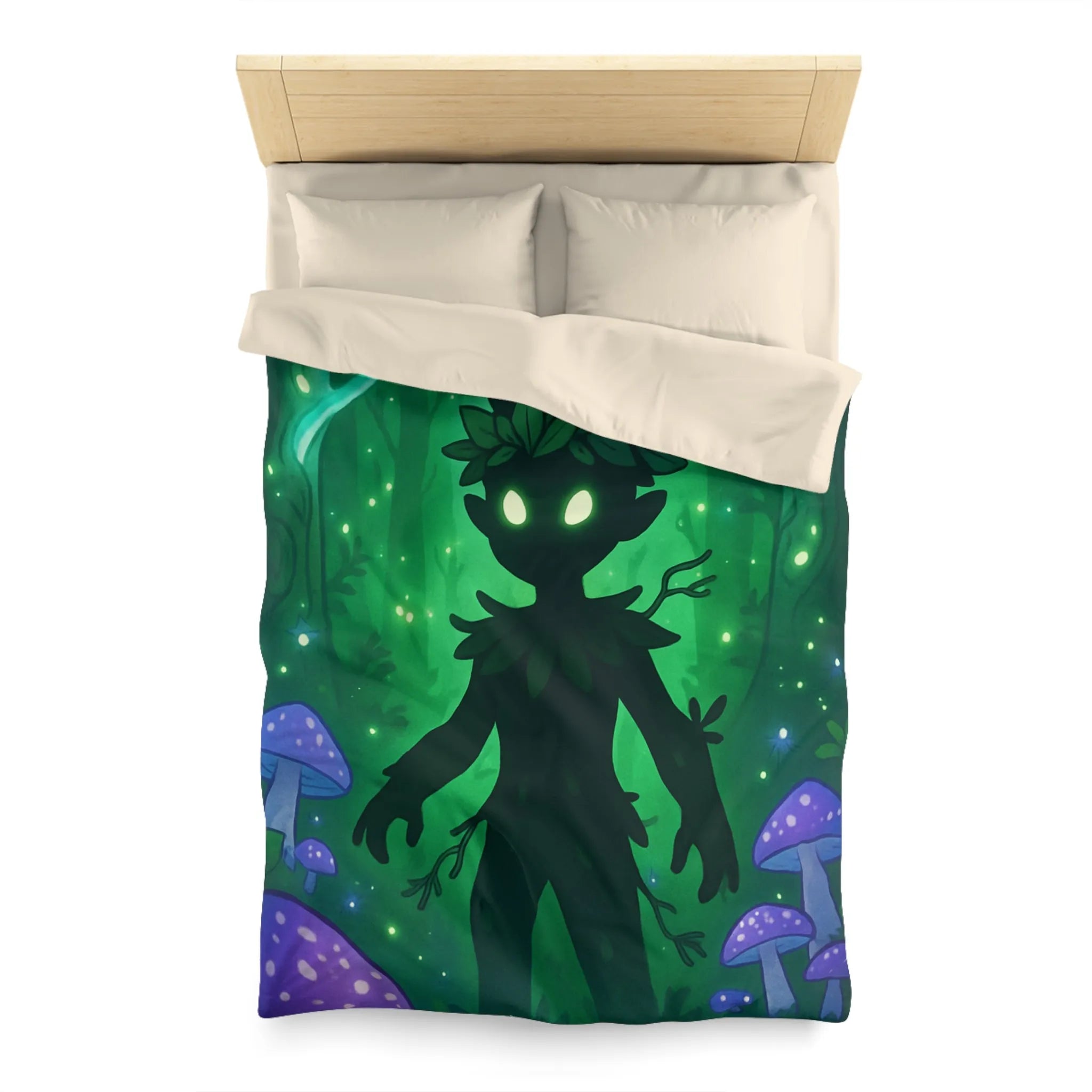 Housse de couette féerique avec créature forestière et champignons lumineux dans la nuit