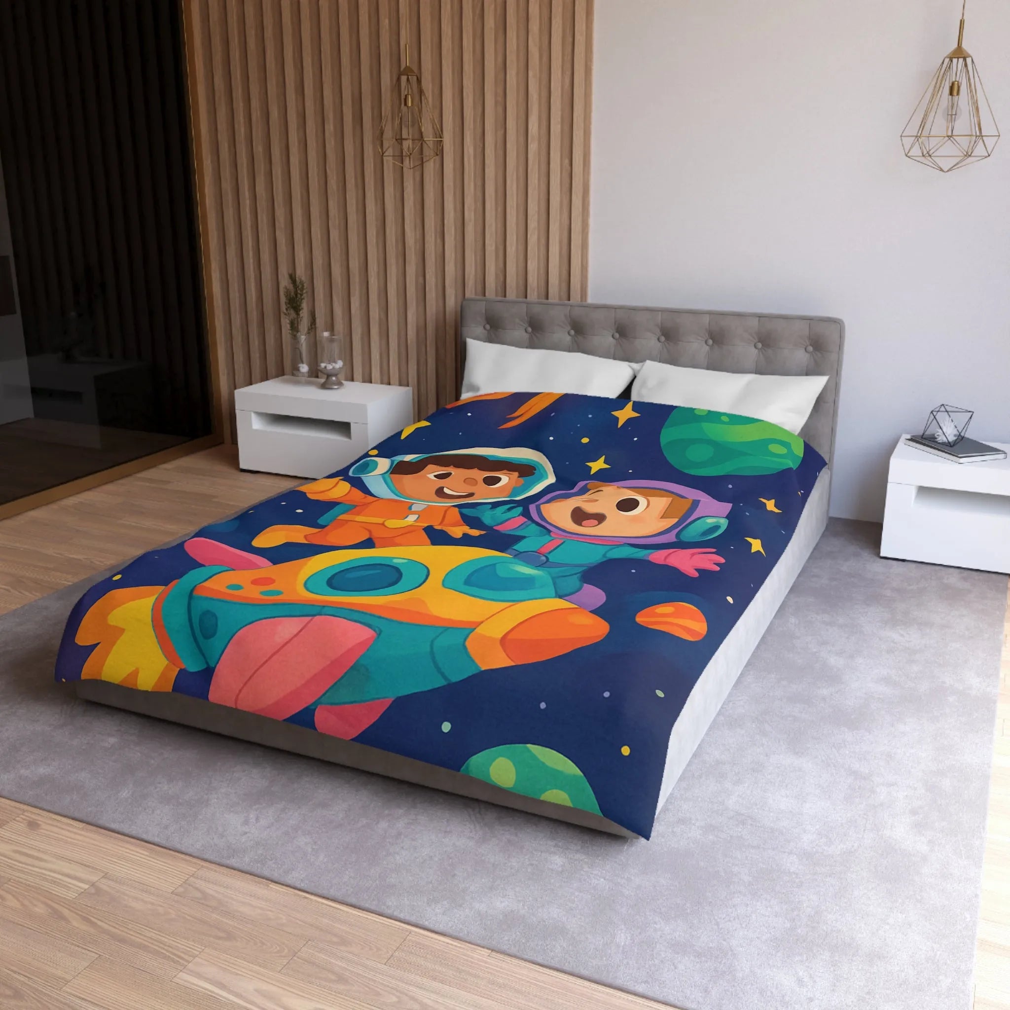 Couette Enfantine Cosmos : Enfants en Vaisseau Spatial avec Planètes et Étoiles Colorées