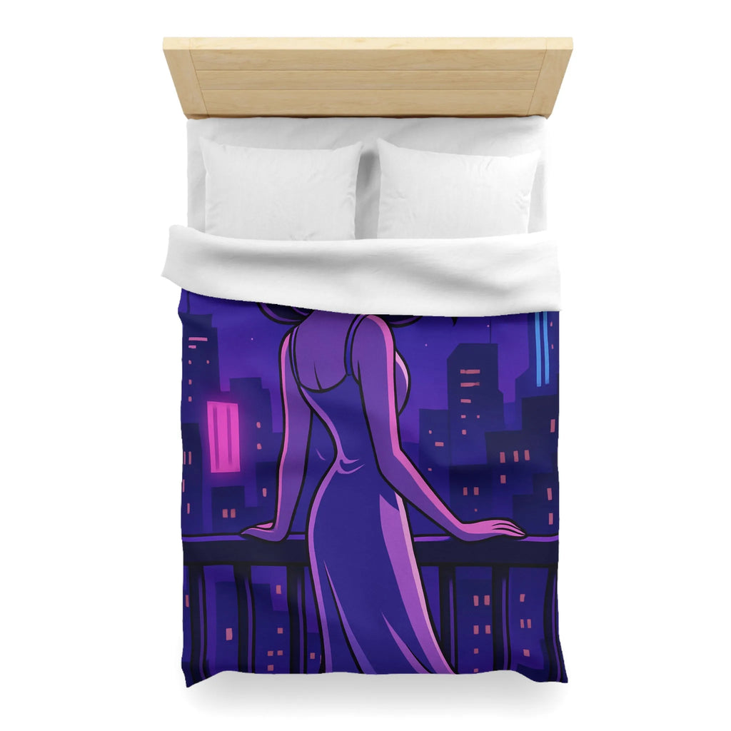 Housse de couette avec femme contemplant ville nocturne éclairée, style rétro futuriste animé