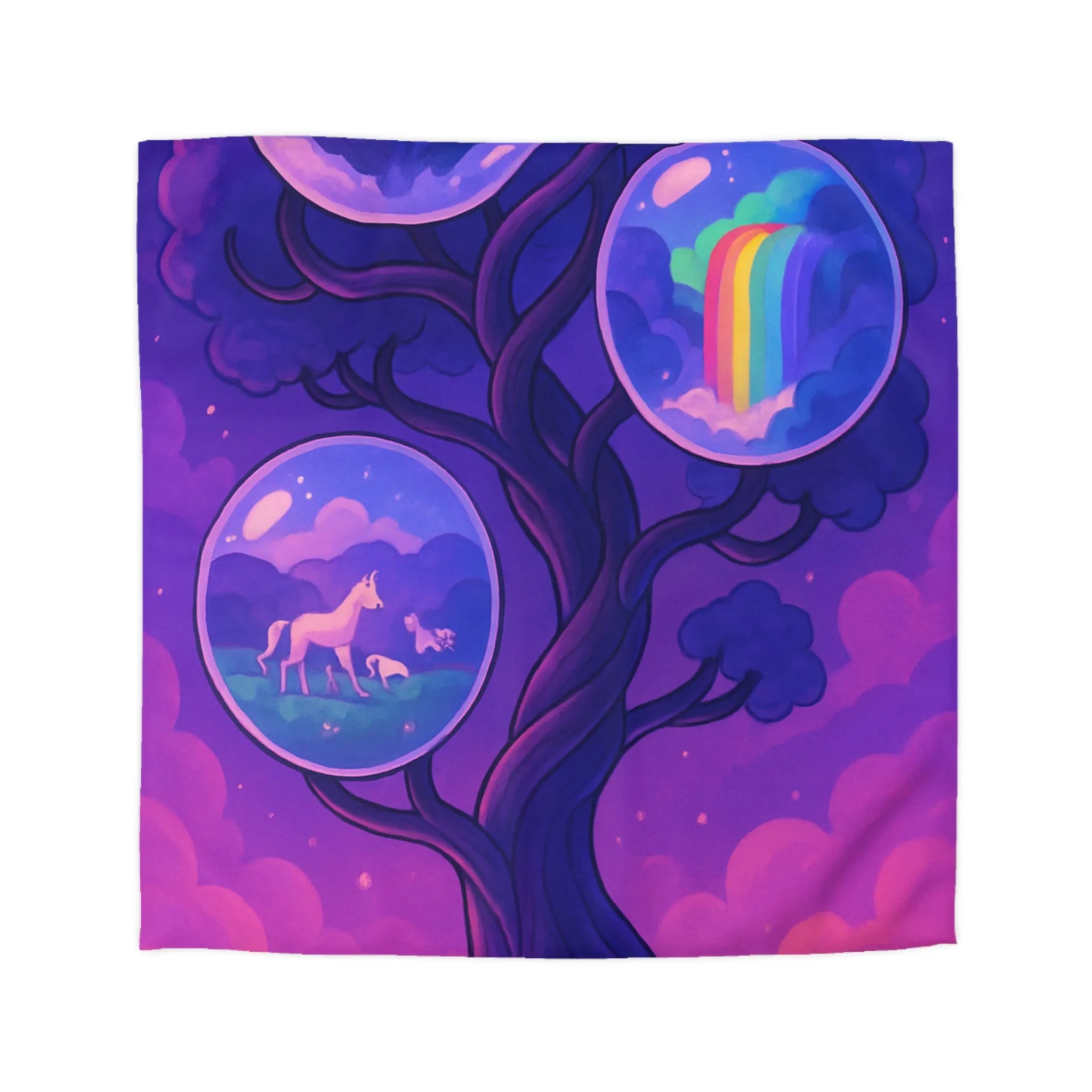 Enchanted Dreamscape Duvet: Mystical Castle, Majestic Unicorn, Vivid Waterfall on Tree