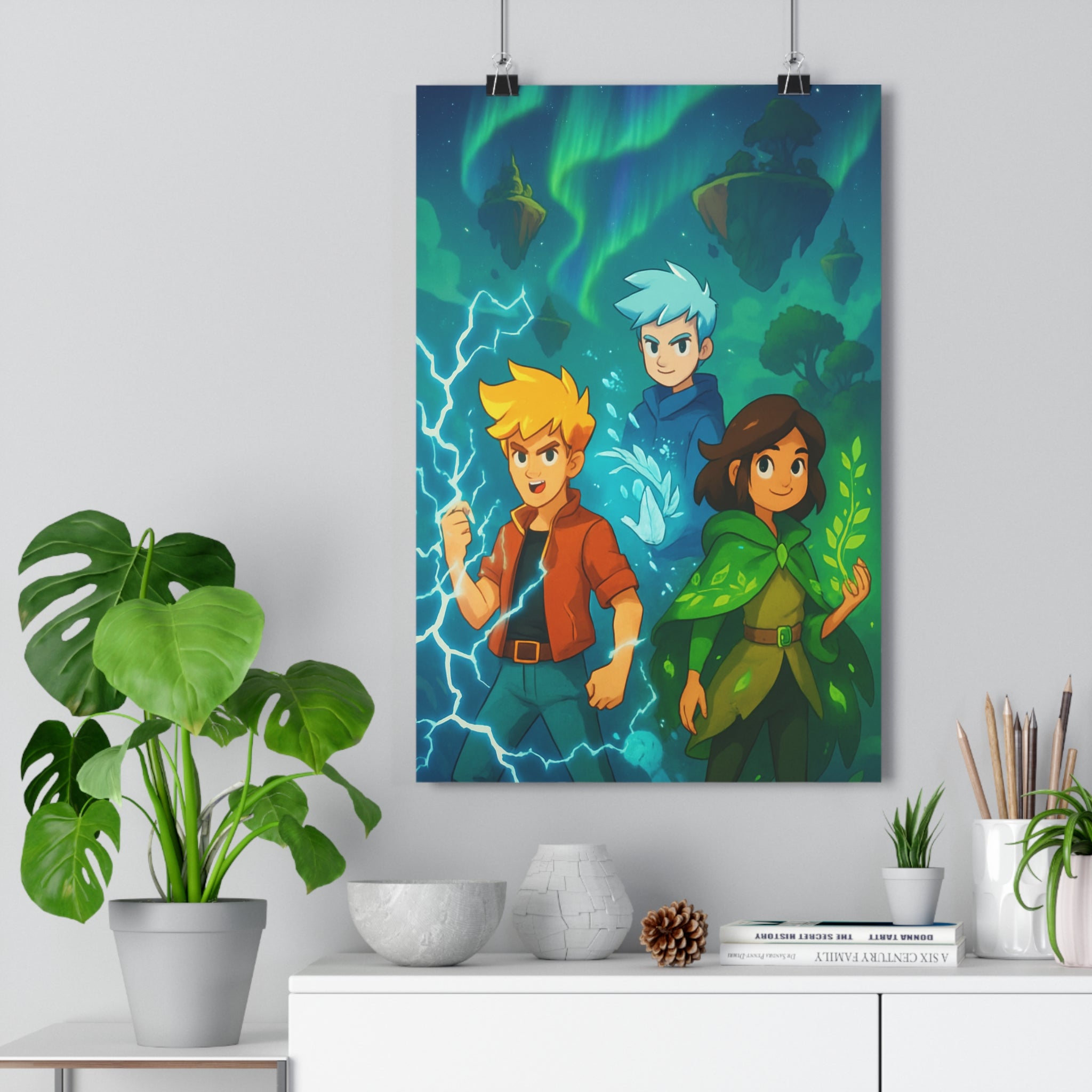 Poster décoratif vibrant dessin animé magique chambre salon enfant électrique nature nocturne élémentaire ambiance