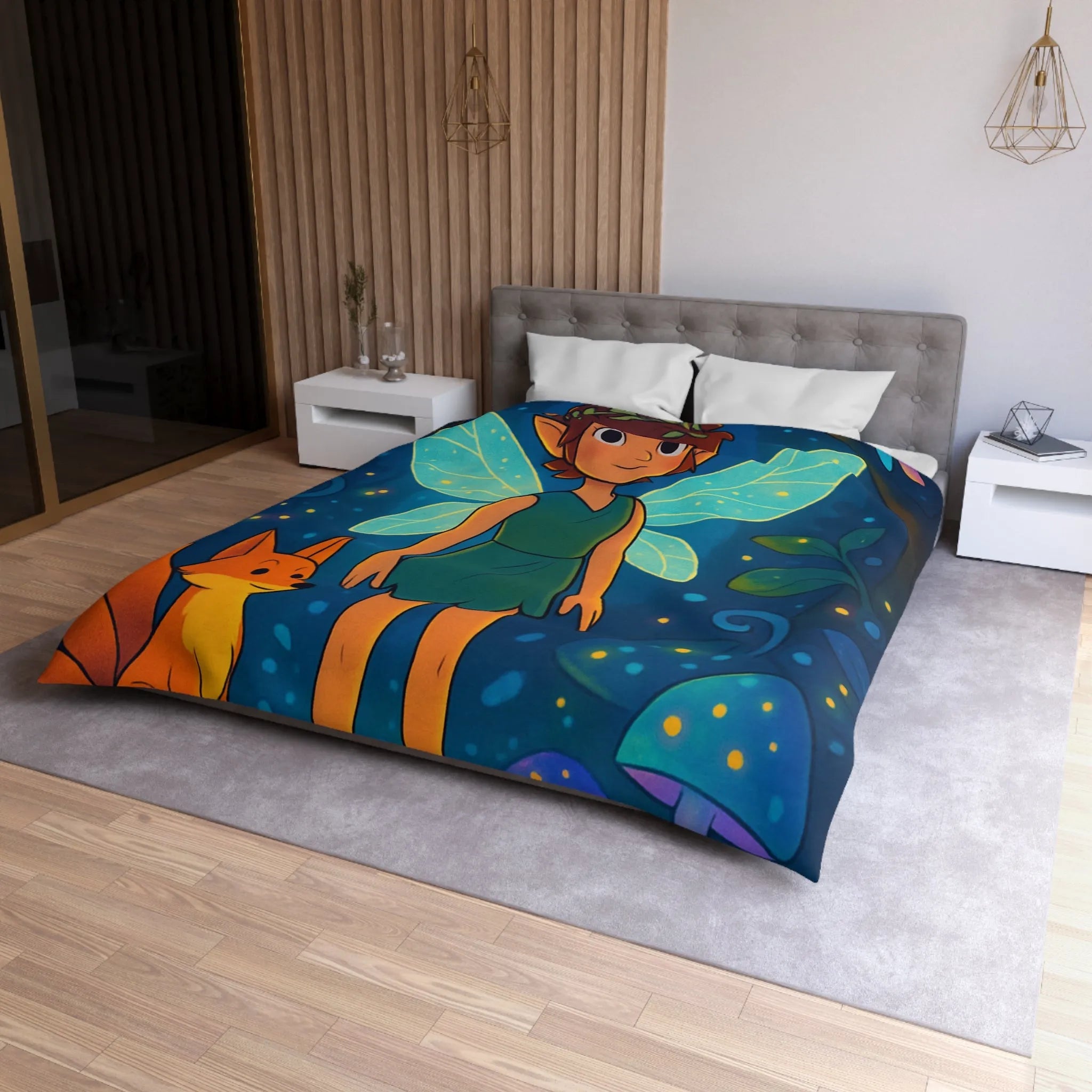 Housse de Couette Féerique avec Fée Ailée et Renard dans Forêt Enchantée Multicolore