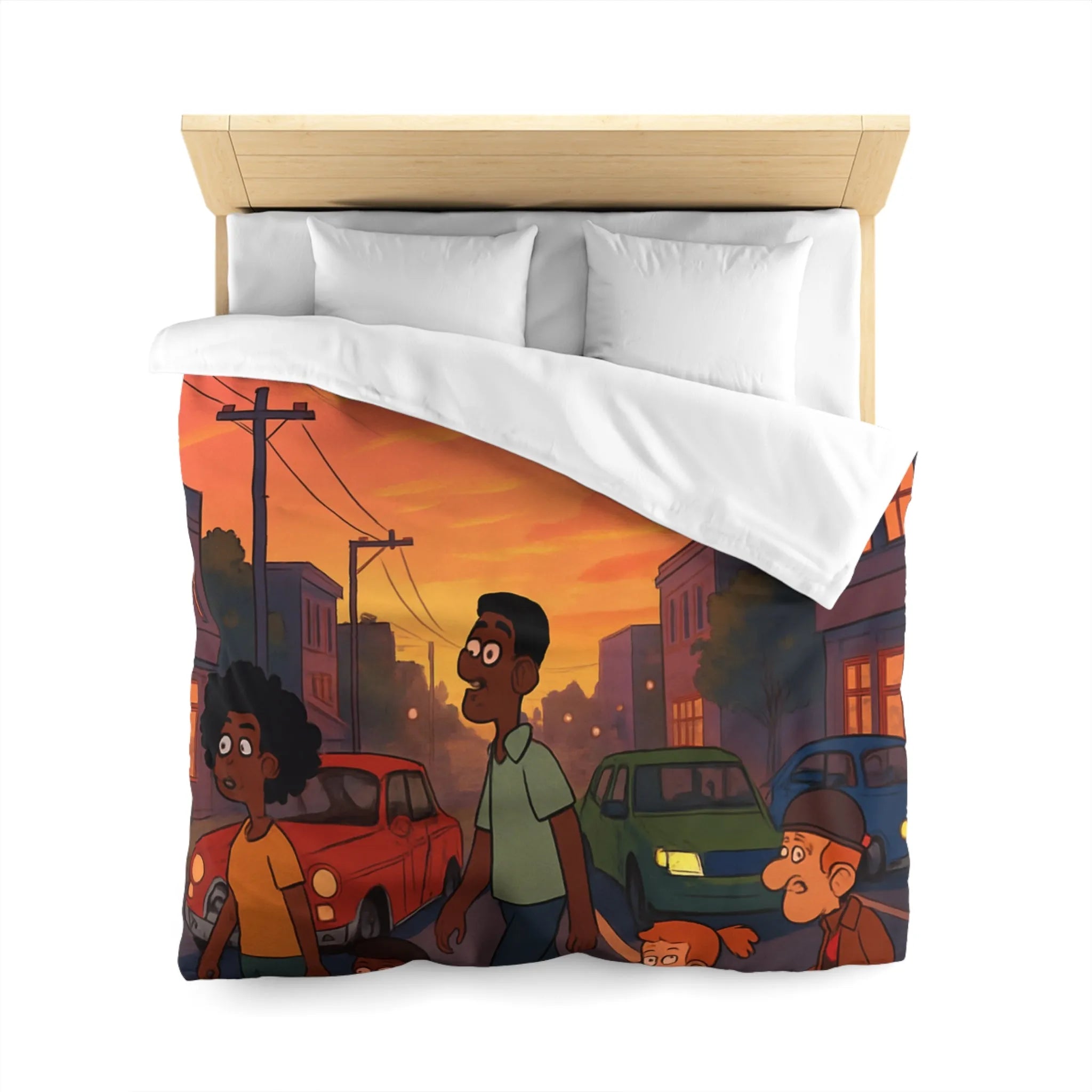 Housse de couette coucher de soleil urbain coloré, personnages divers traversant rue animée