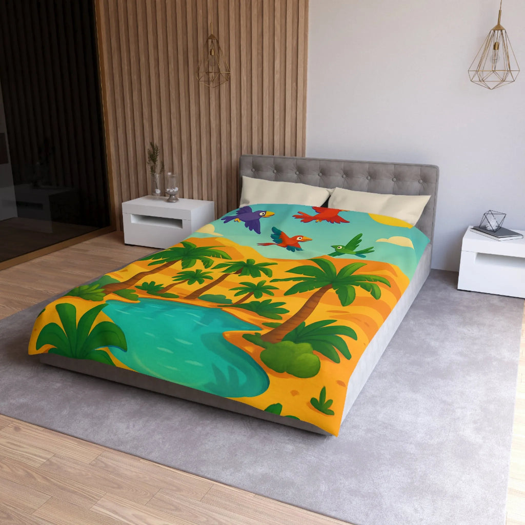 Housse de couette exotique avec palmiers, oiseaux colorés et oasis dans le désert