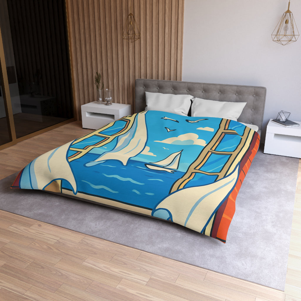 Housse de couette paysage marin fenêtre ouverte, voilier et ciel bleu serein