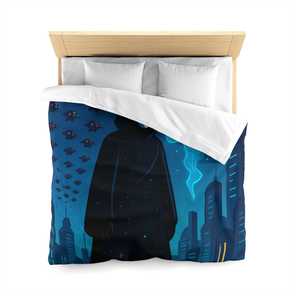Housse de couette spatiale avec figure masquée et paysage urbain futuriste