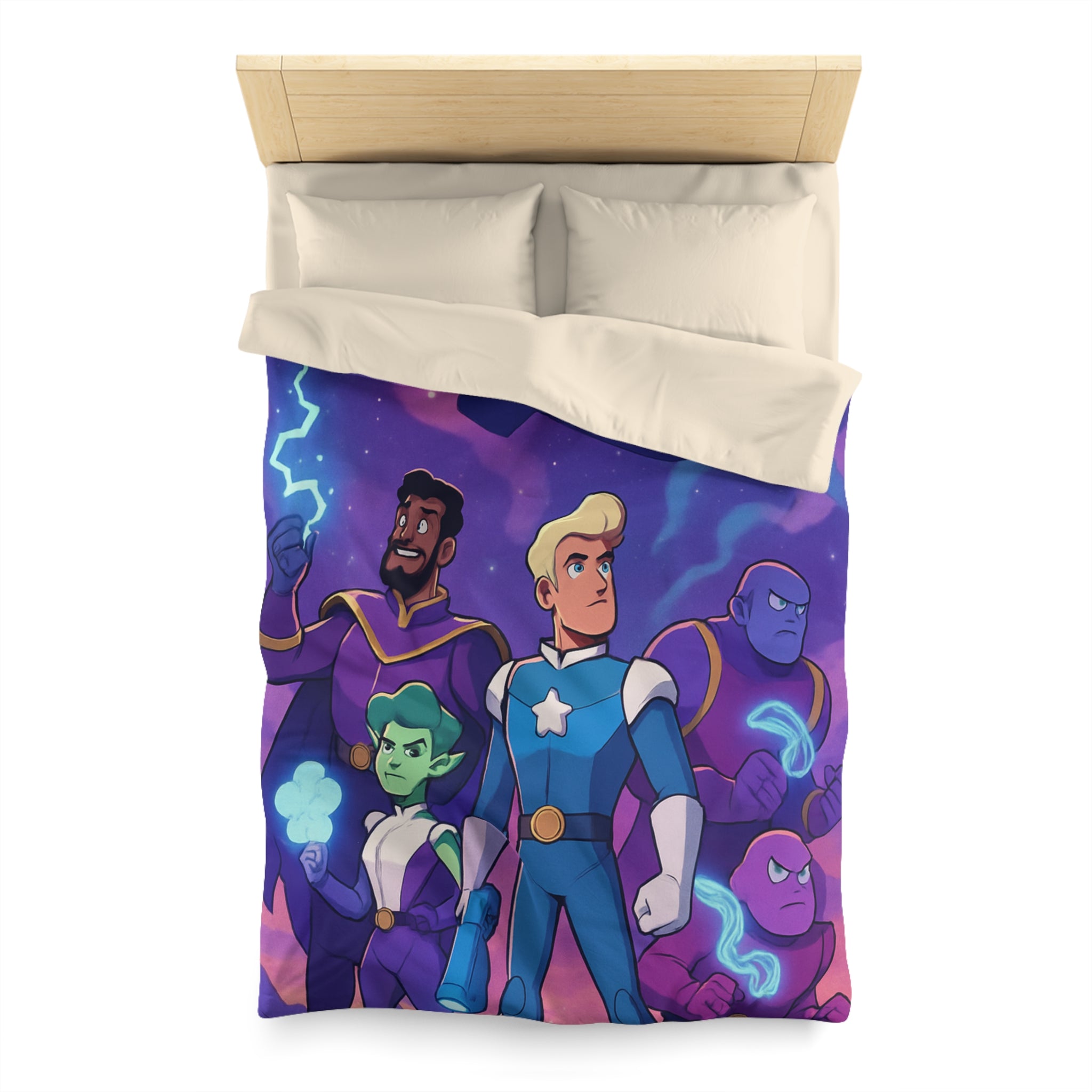 Housse de couette spatiale avec héroïques personnages animés sous vaisseau intergalactique étoilé