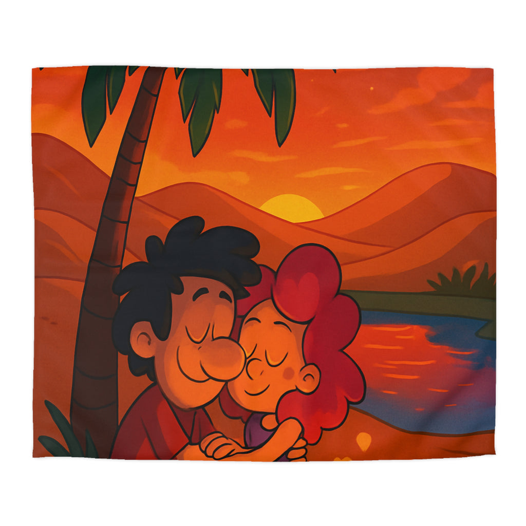 Housse de couette romantique avec couple câlin et coucher de soleil magique désertique