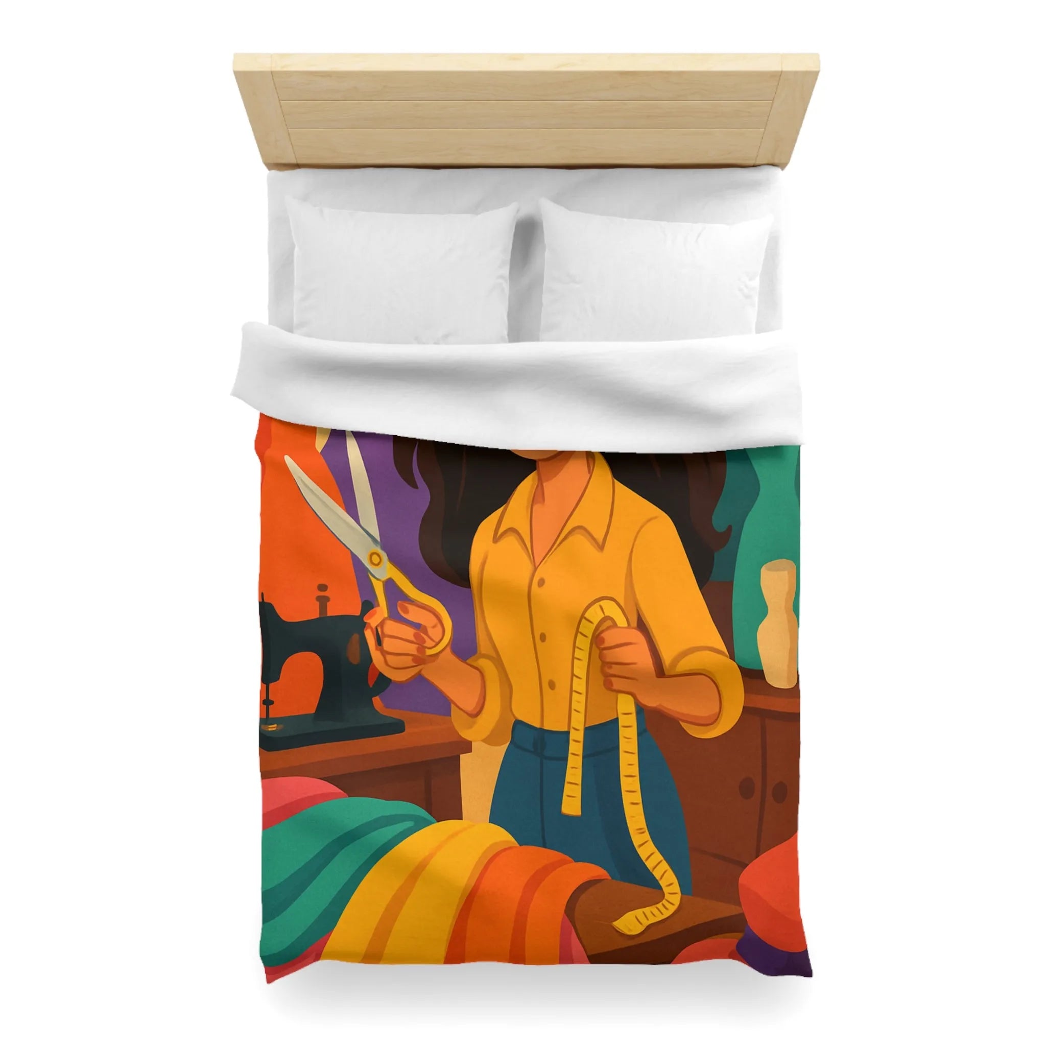 Housse de couette colorée avec motifs de couturière, outils et mannequins élégants