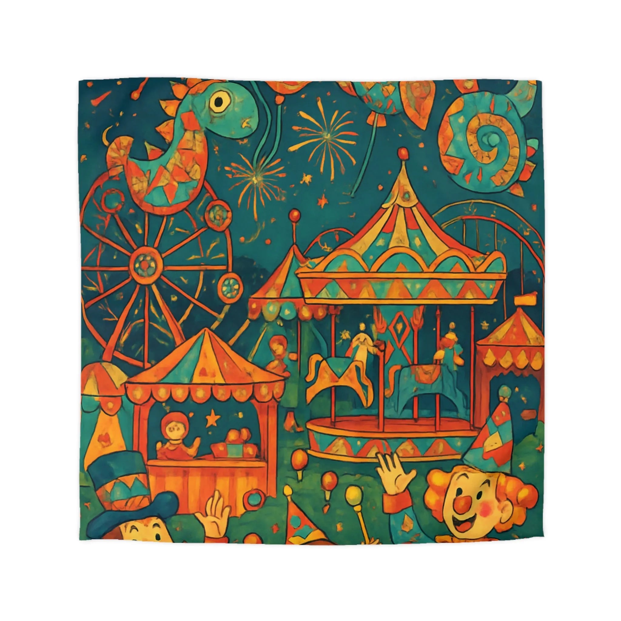 Housse de Couette Enfantine Colorée Fête Foraine avec Manège et Clowns Heureux