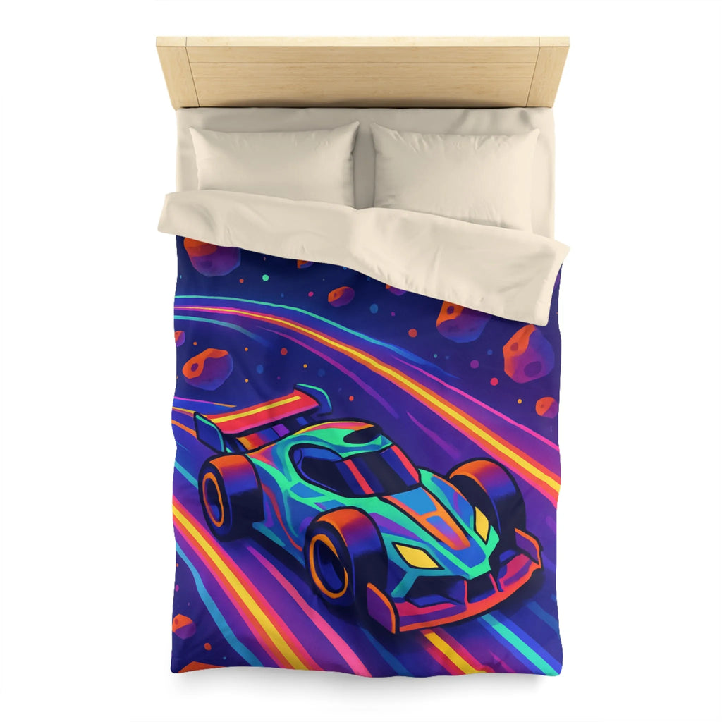 Éblouissante Housse de Couette avec Voiture Néon Galactique et Planètes Colorées