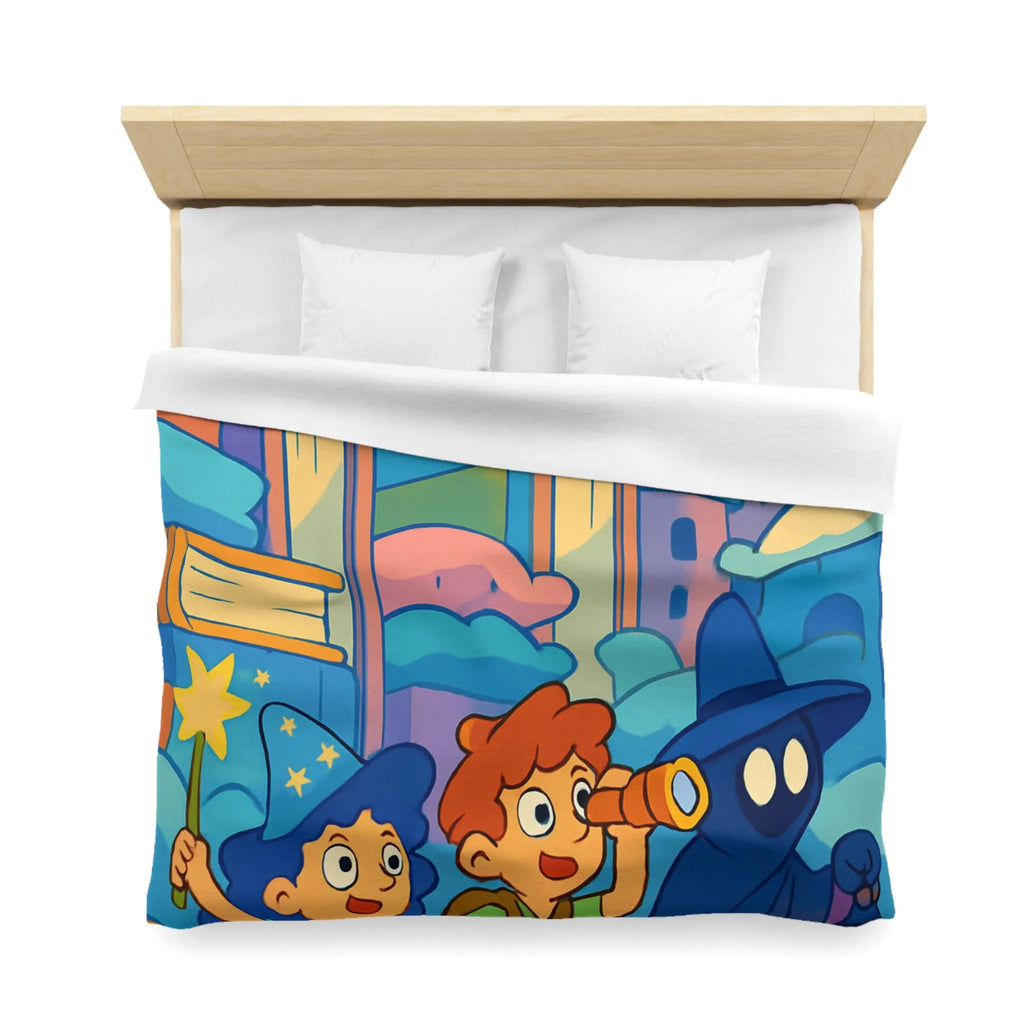 Housse de couette magique enfants avec illustration de sorcier, château et ciel étoilé