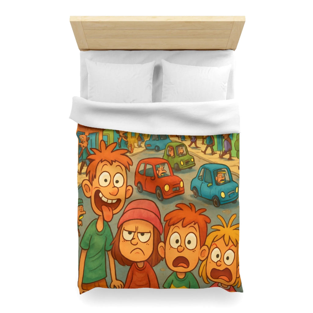 Housse de couette enfants joyeuse ville animée avec personnages colorés et expressions vives