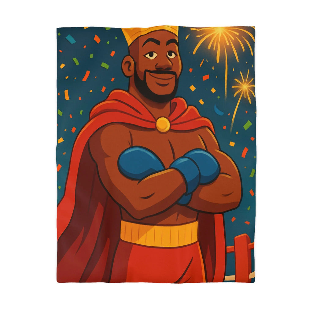 Housse de couette colorée avec boxeur couronné, cape rouge et feux d'artifice