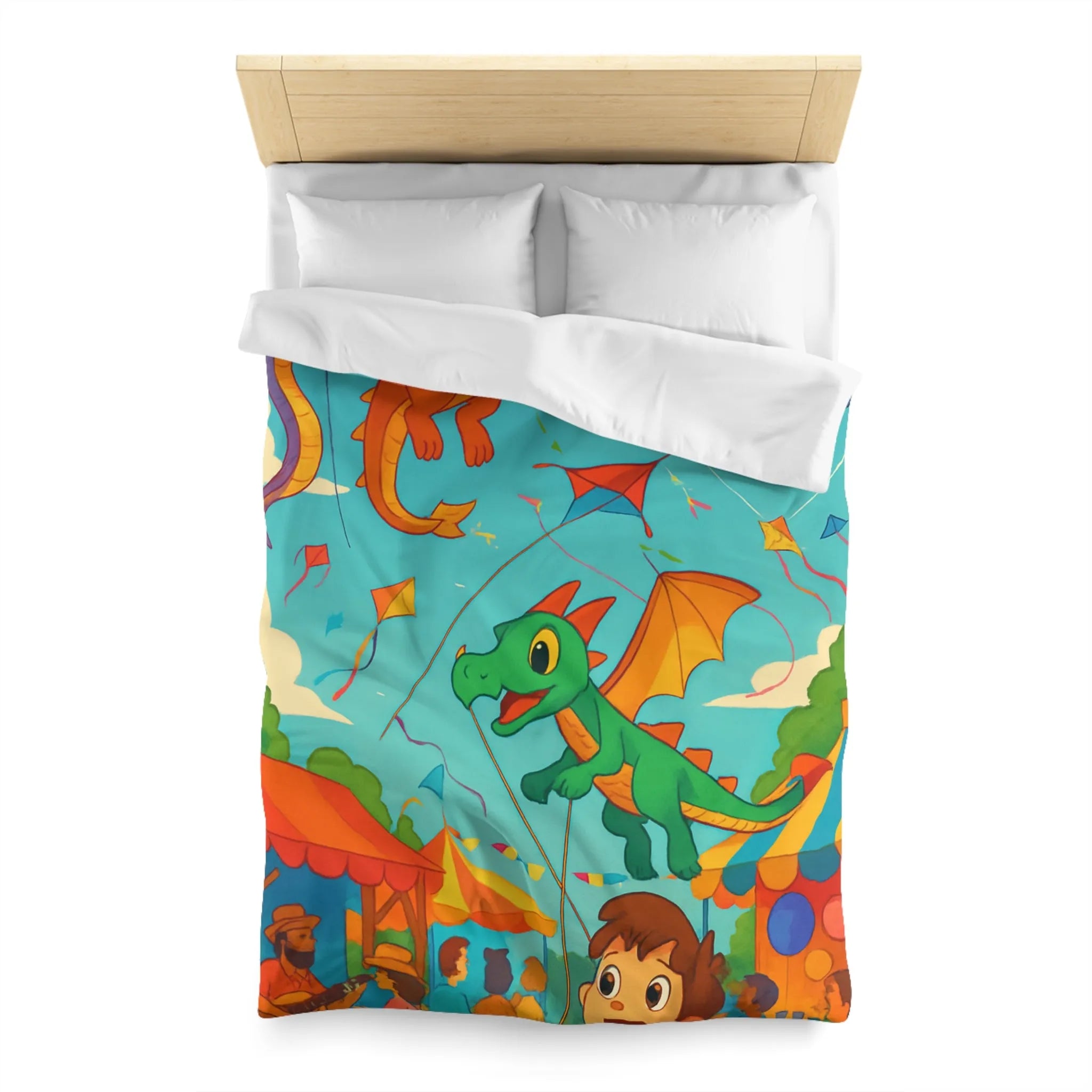 Envolée de cerfs-volants dragons et licorne sous un ciel bleu auberge festival