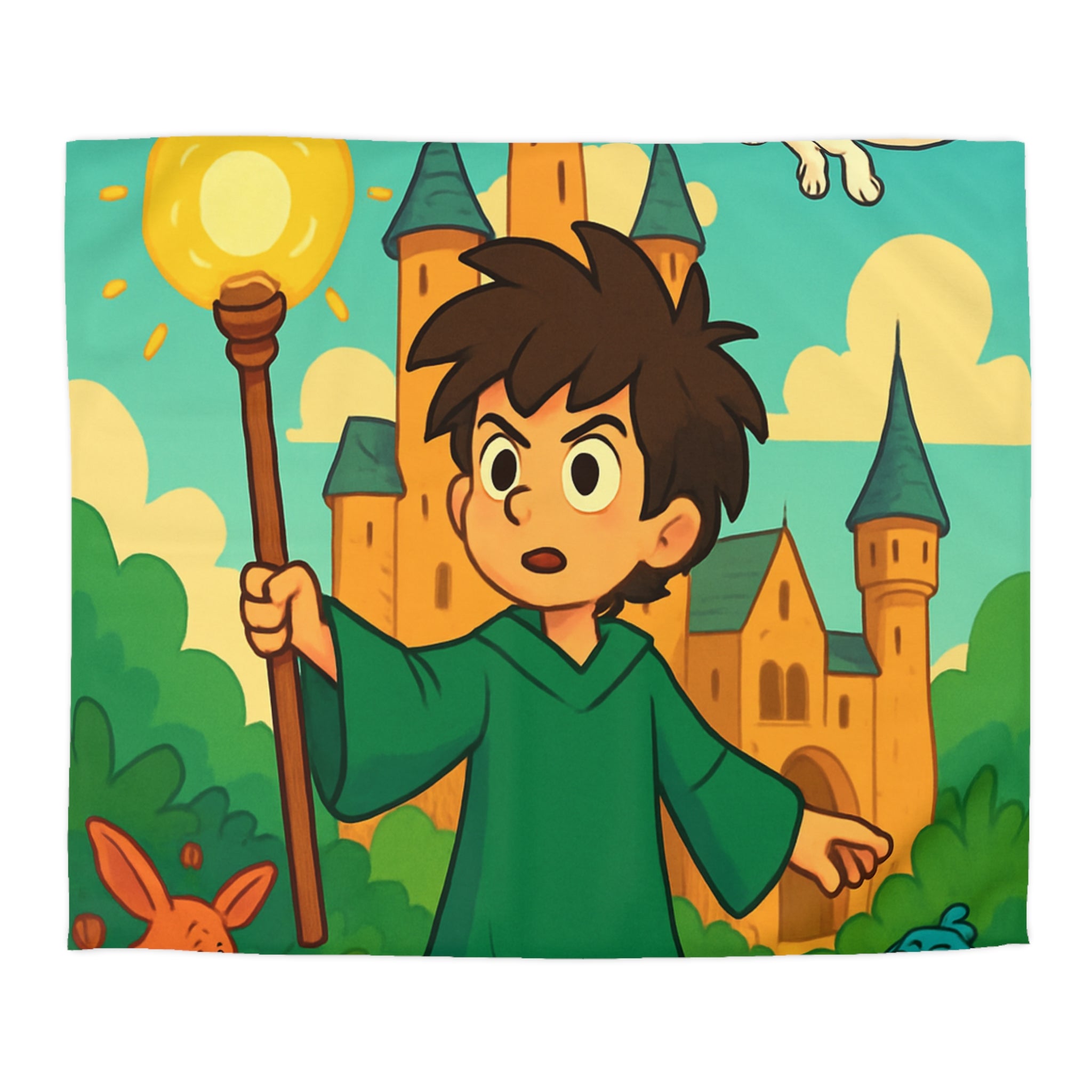 Housse de couette pour enfants avec château magique, dragon et petit magicien coloré