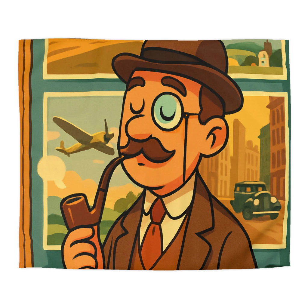 Élégant Gentleman Vintage avec Moustache et Monocle devant Affiches de Voiture et Avion