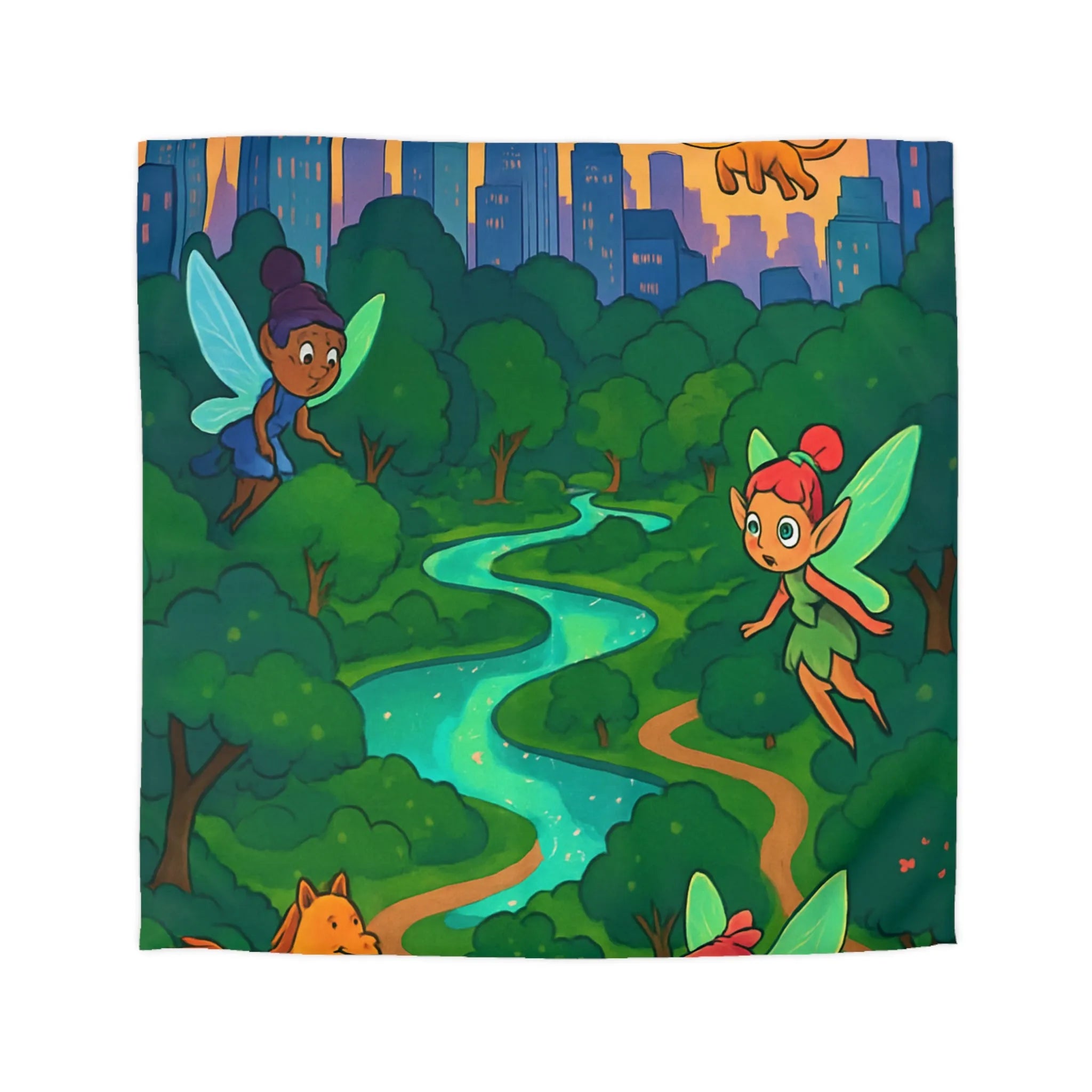 "Housse de Couette Féerique: Fées Volantes City Fantastique au Crépuscule Étincelant"