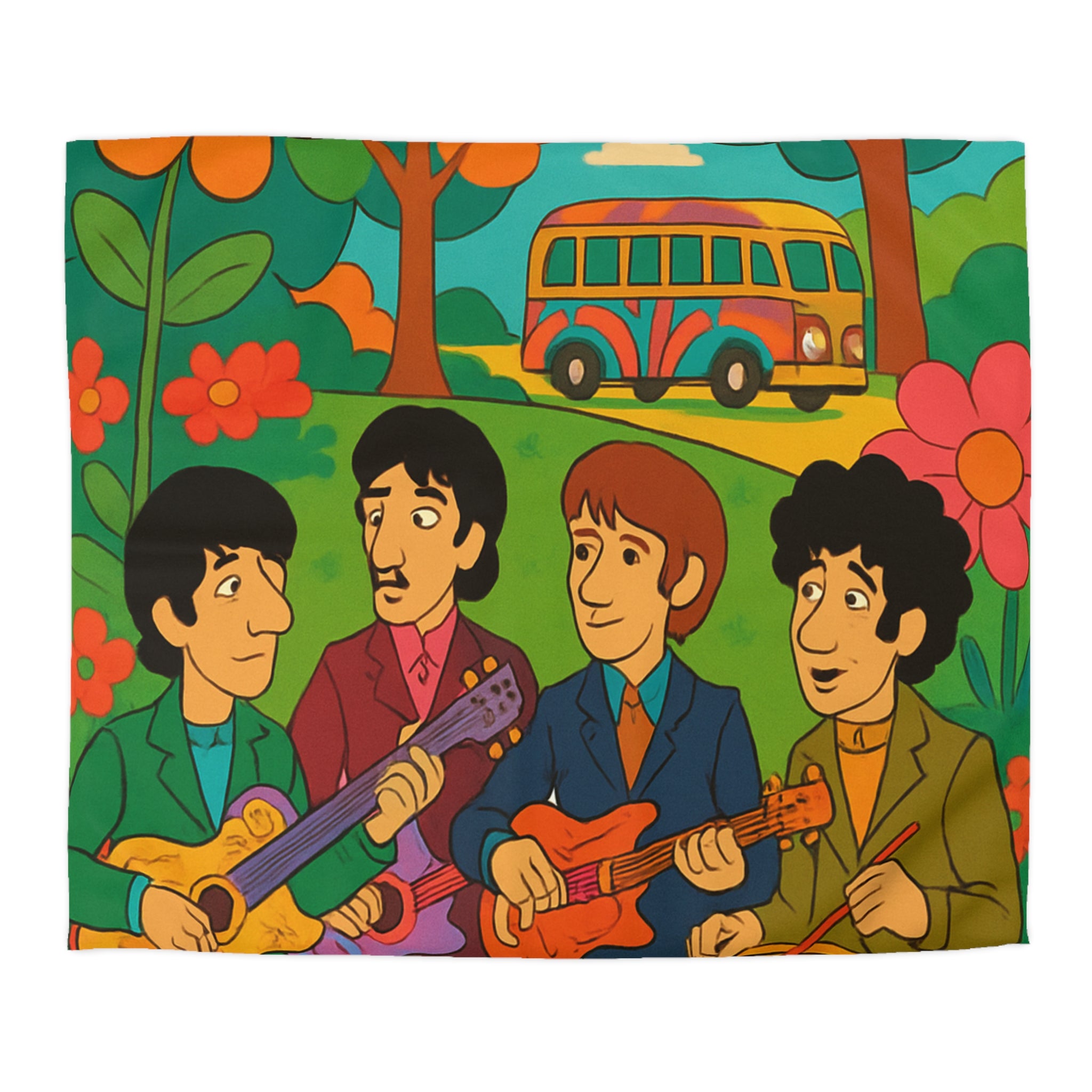 Housse de couette rétro colorée inspirée d'un groupe de musiciens animés en plein air