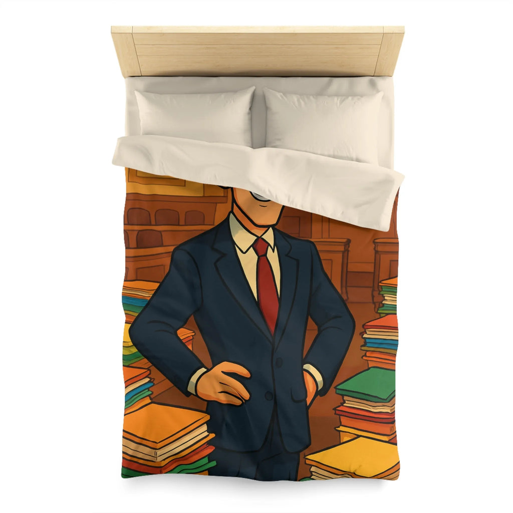 Élégante housse de couette rétro, piles de dossiers colorés, personnage confiant et distingué
