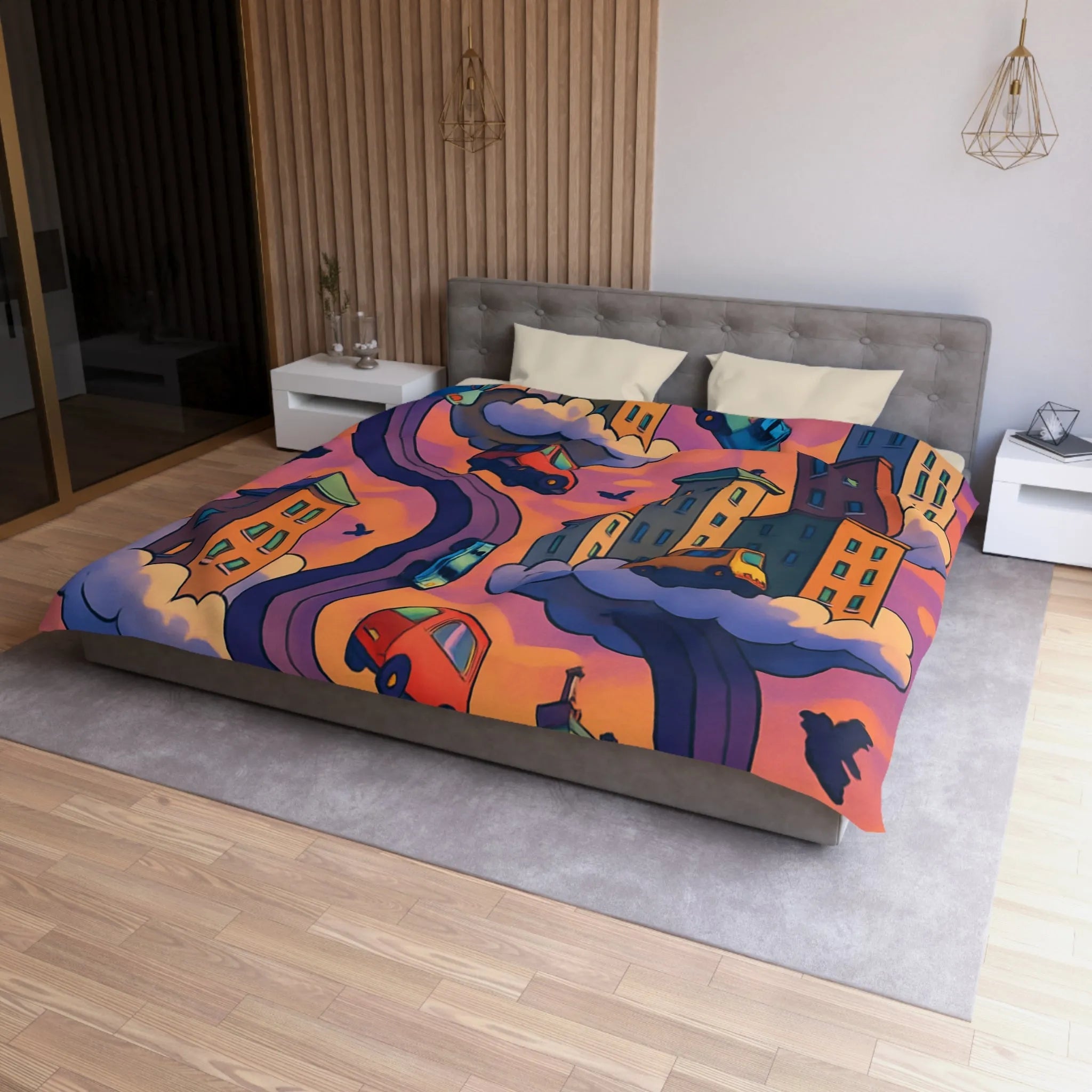 Housse de couette artistique avec voitures volantes et gratte-ciels à l'aube colorée