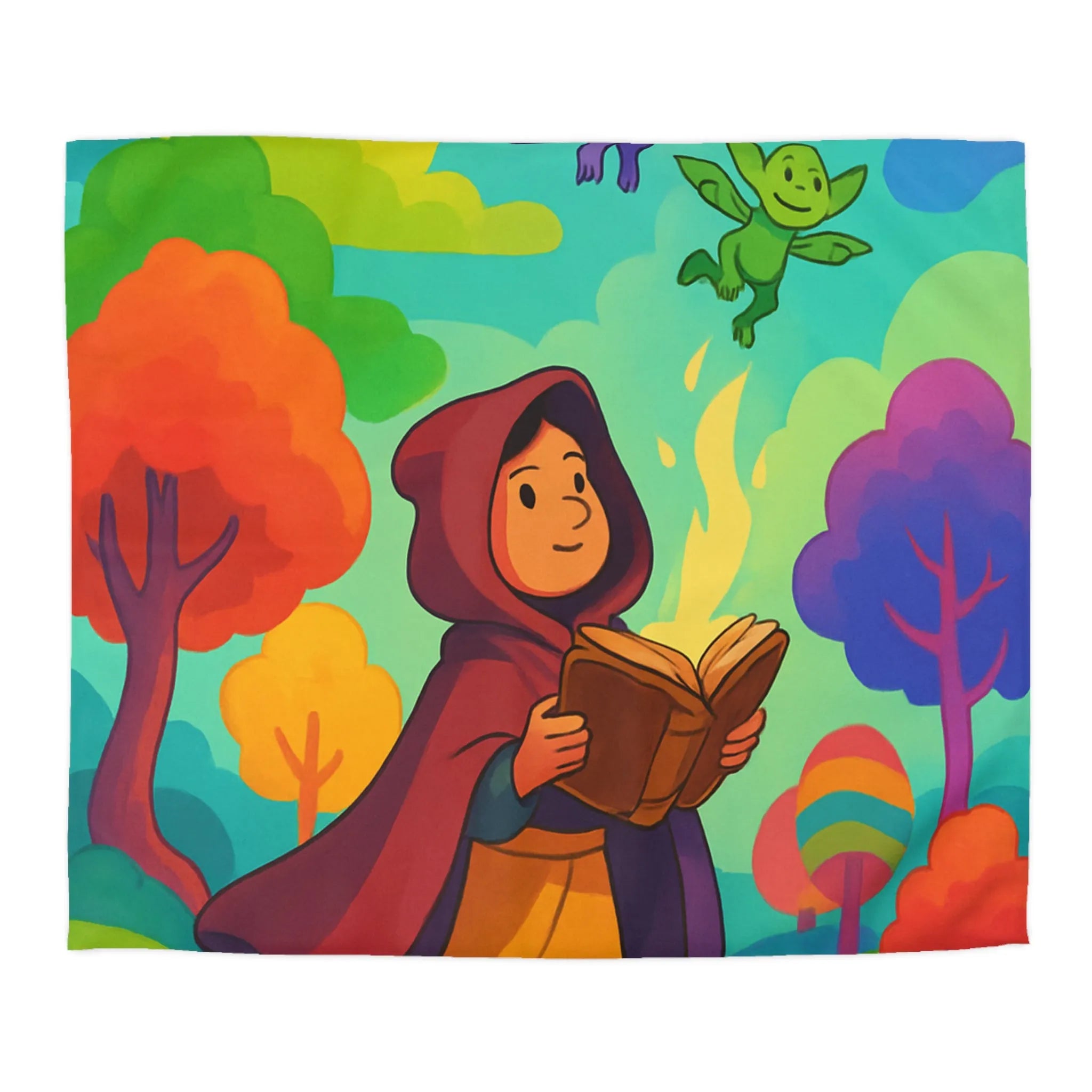 Housse de couette colorée avec scène magique de livre et créatures fantastiques