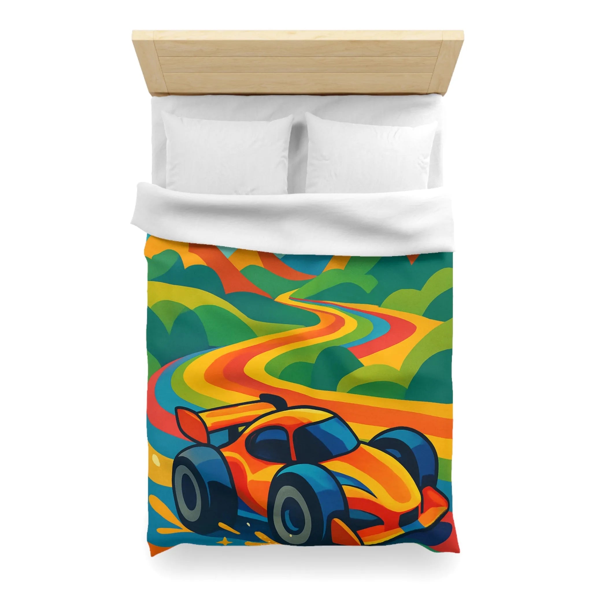 Housse de Couette Colorée avec Voiture de Course et Collines Arc-en-ciel Ensoleillées