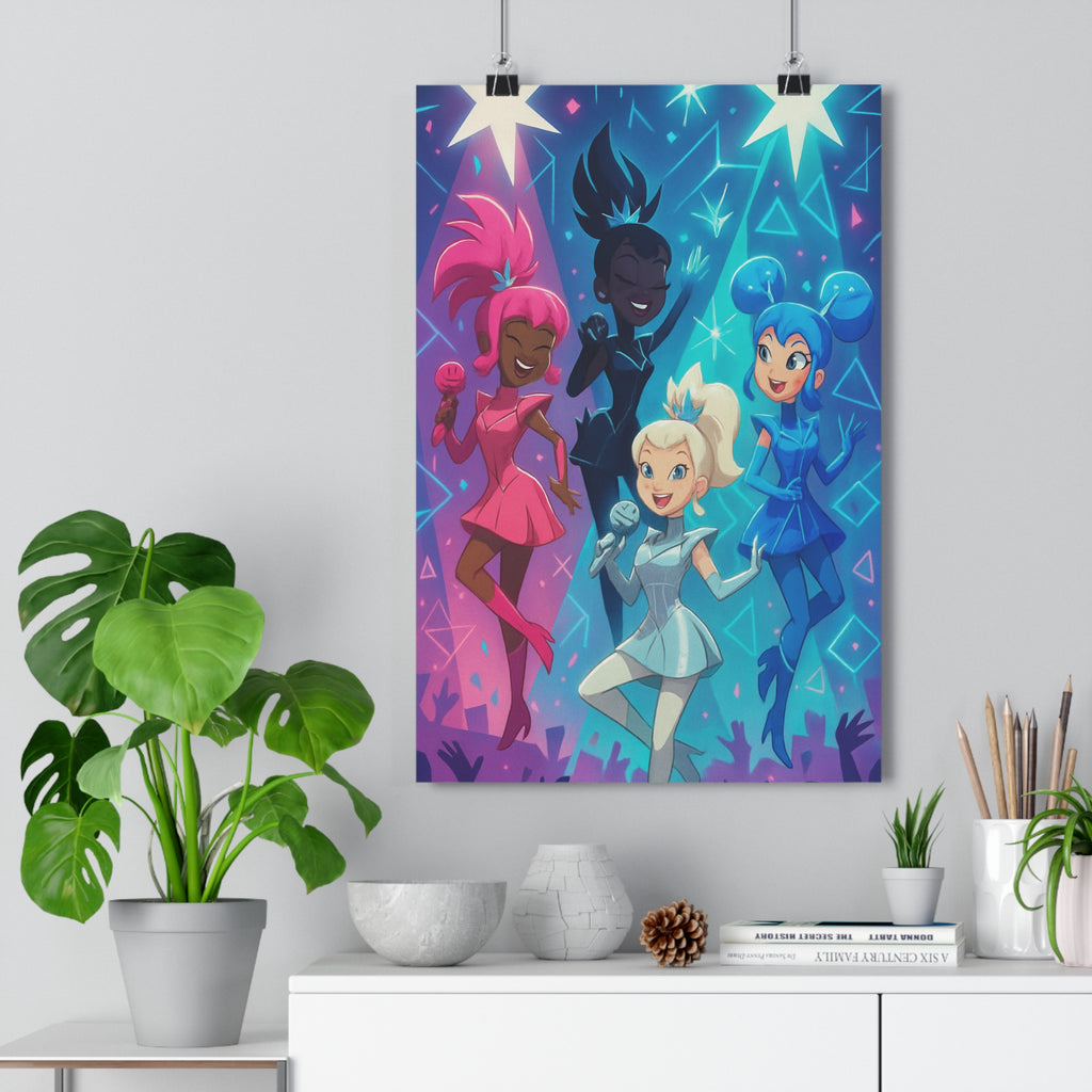 Poster décoratif chanteuses stylisées rose noir blanc bleu moderne joyeux chambre salon enfant tendance