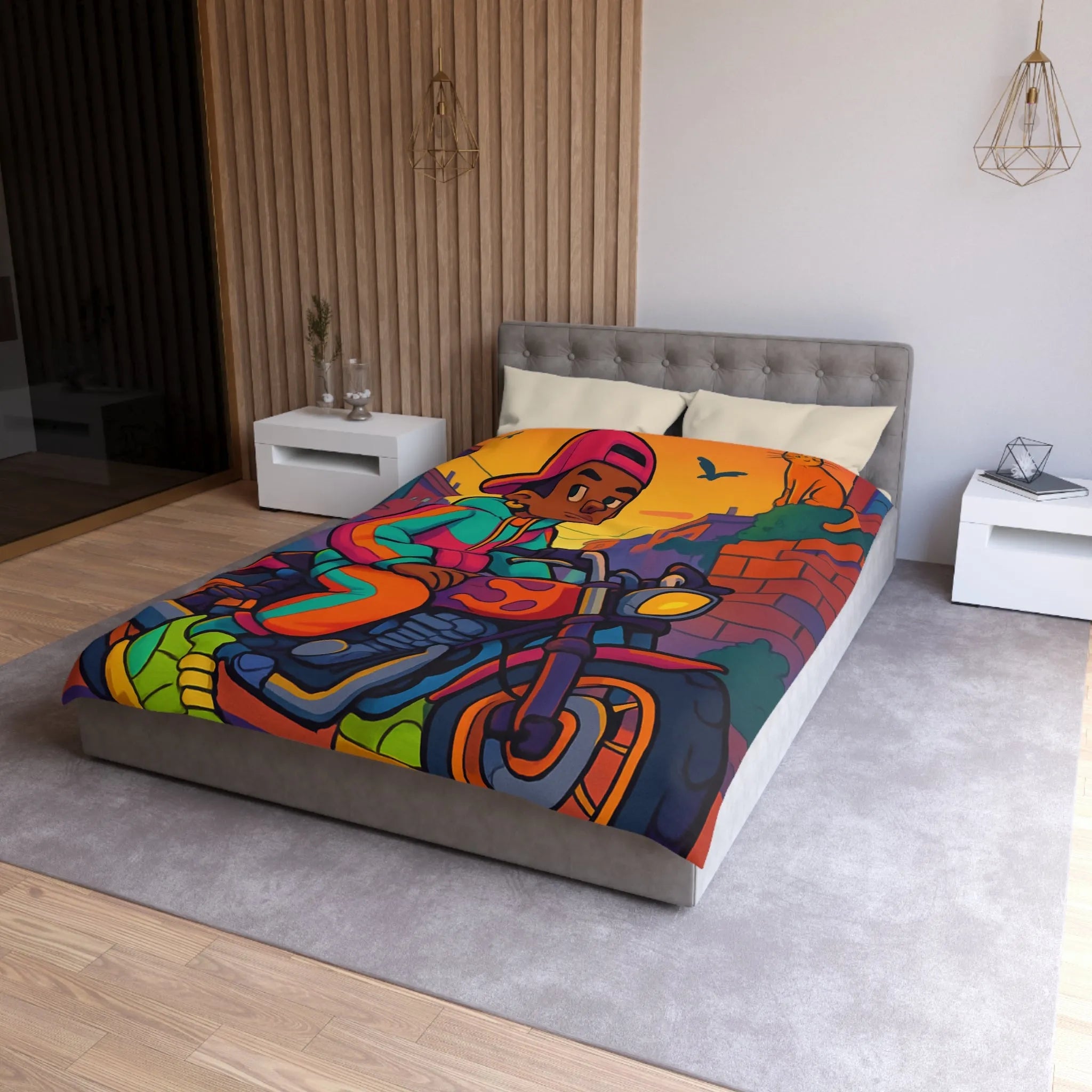 Housse de Couette Colorée avec Motif de Motard Urbain et Chat Orange Artistique