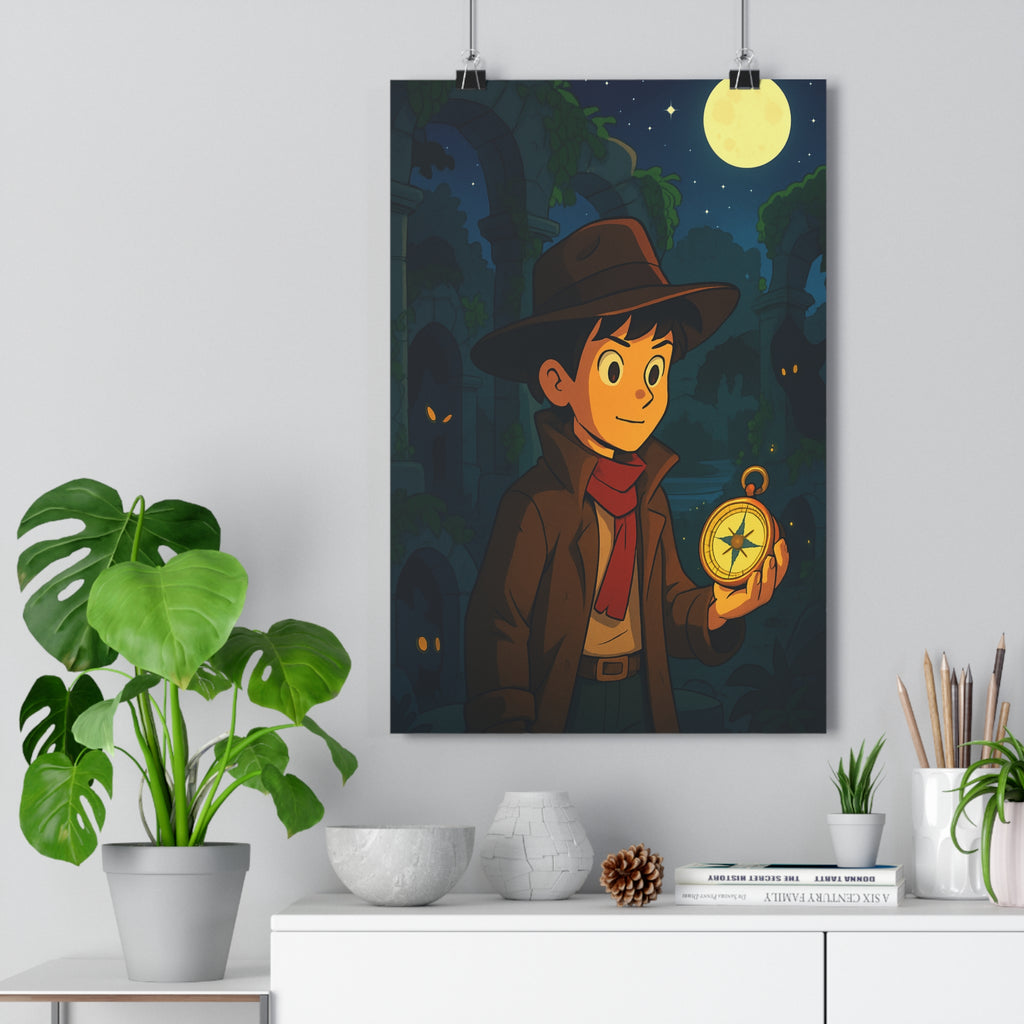 Poster décoratif aventure mystique dessin animé nocturne explorateur chapeau foulard chambre enfant éclatant mystérieux