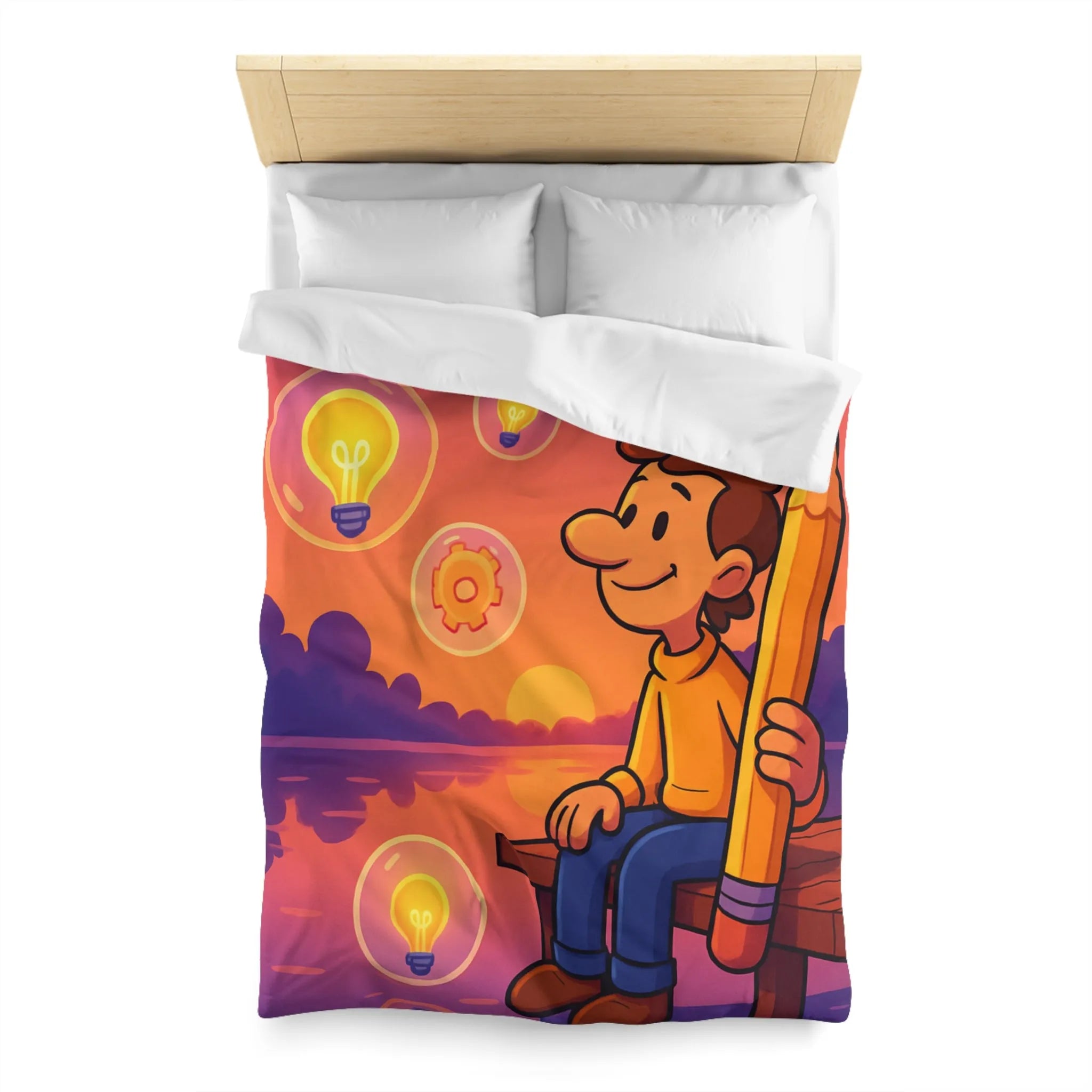 Housse de Couette Créative Avec Personnage Dessinant au Couchant et Ampoules Inspirantes