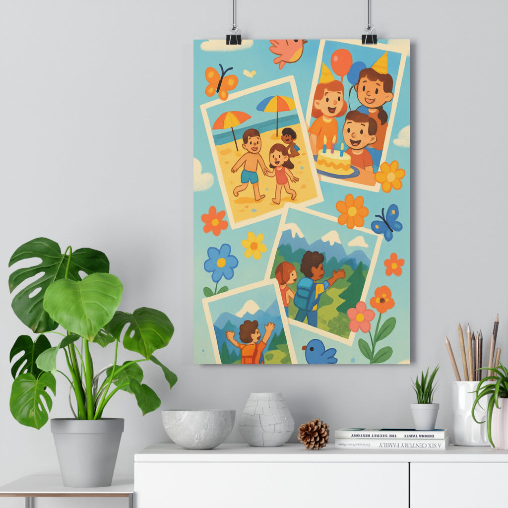 Poster décoratif dessin animé coloré enfants joyeux nature chambre fleurs oiseaux papillons nature aventure