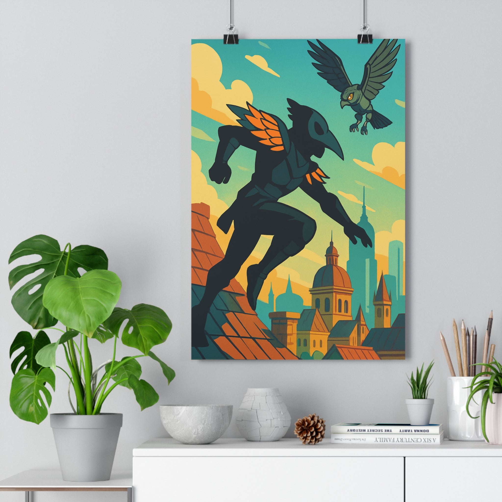 Poster décoratif aventure silhouette masquée ailes stylisées bleu ciel gris brun cartoon dynamique qualité