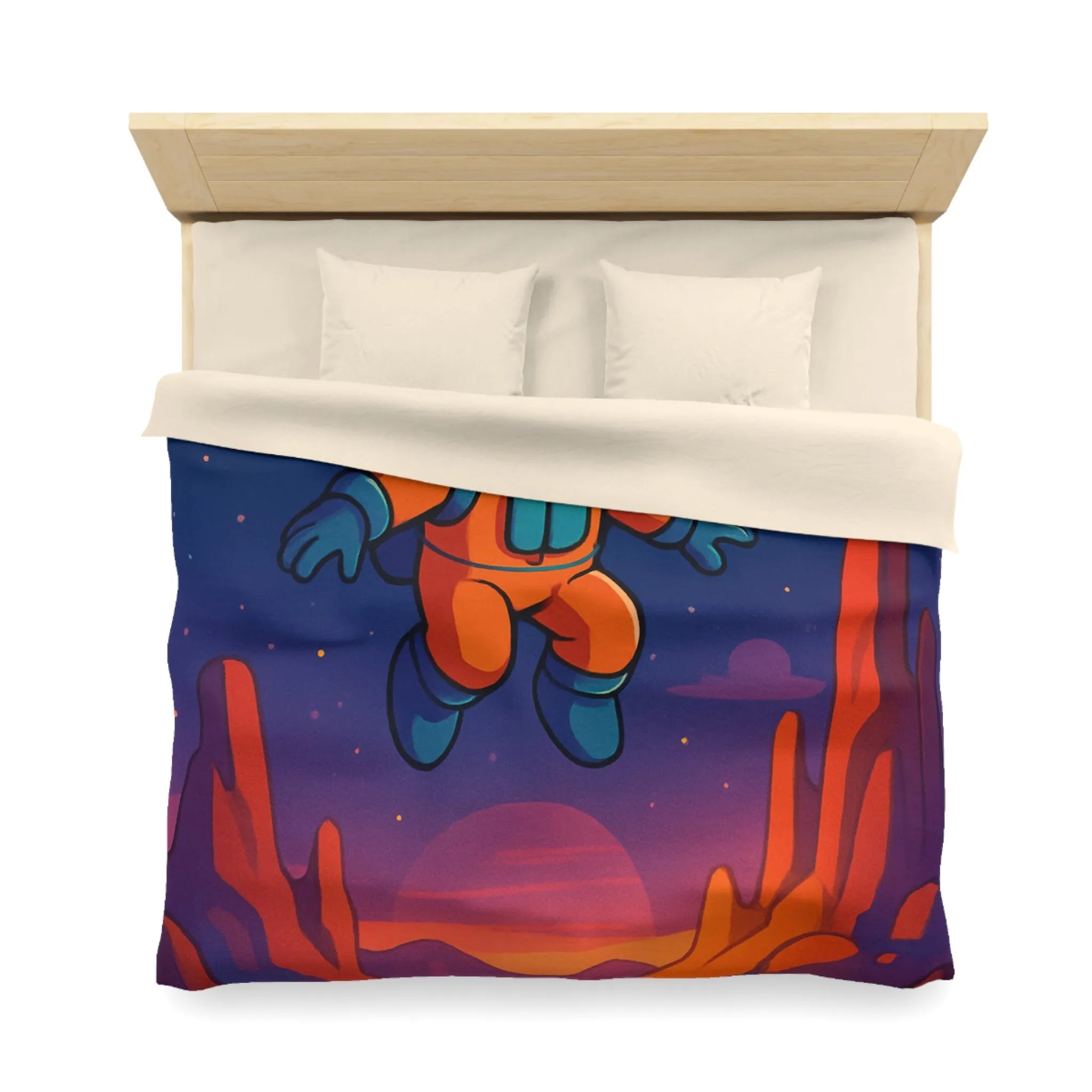 Housse de couette enfant explorateur espace, montagnes colorées, ciel étoilé, coucher de soleil