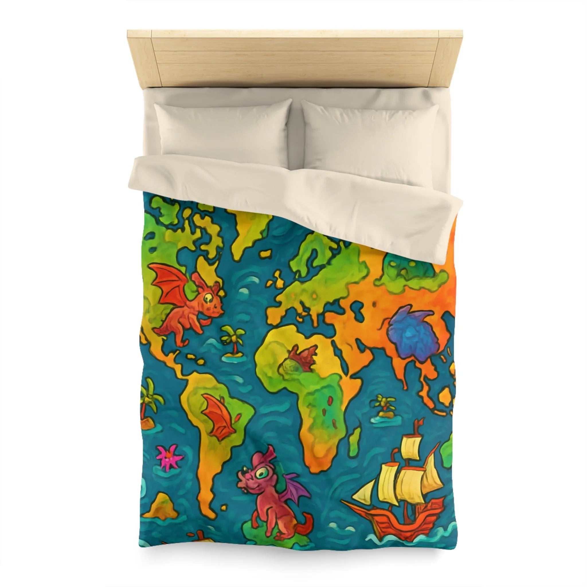 Housse de couette carte monde fantastique avec dragons et bateaux pour enfant