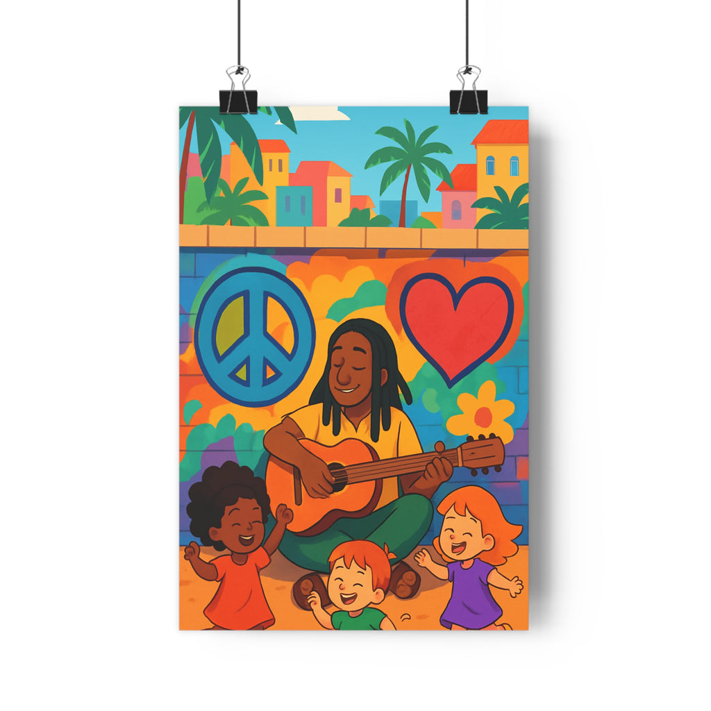 Poster décoratif illustration joyeuse bleu orange vert cartoon enfant chambre ambiance guitare qualité paix