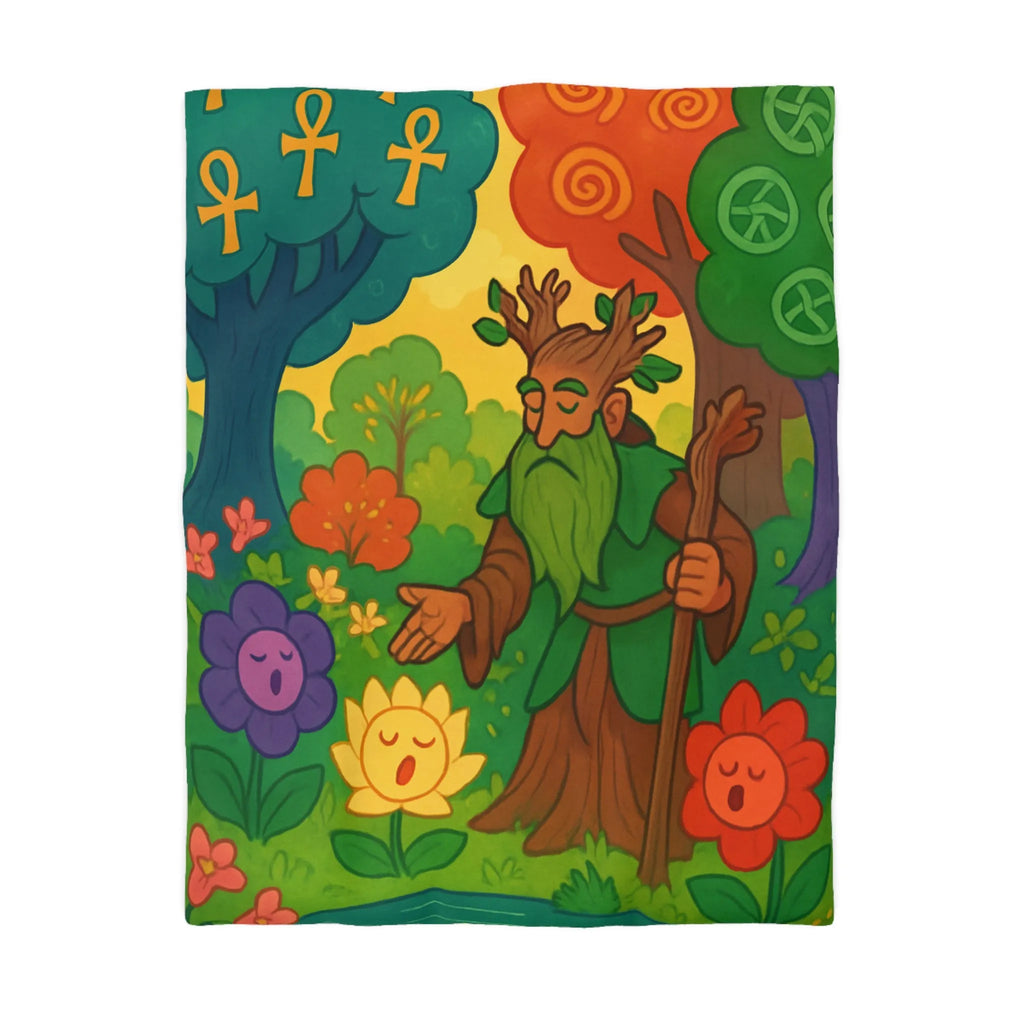 Housse de Couette Fantaisie Nature Arbre, Druide, Fleurs Magiques et Symboles de Paix