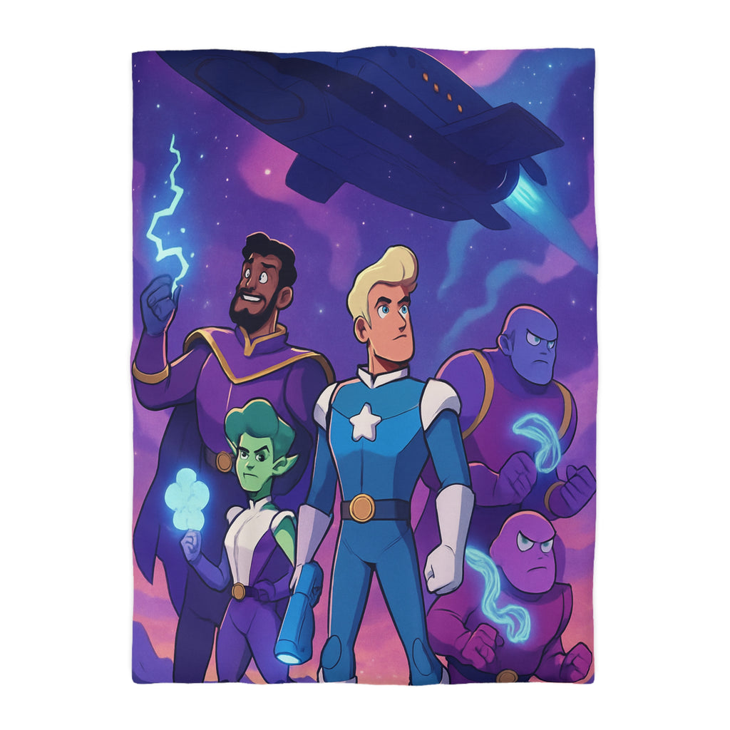 Housse de couette spatiale avec héroïques personnages animés sous vaisseau intergalactique étoilé