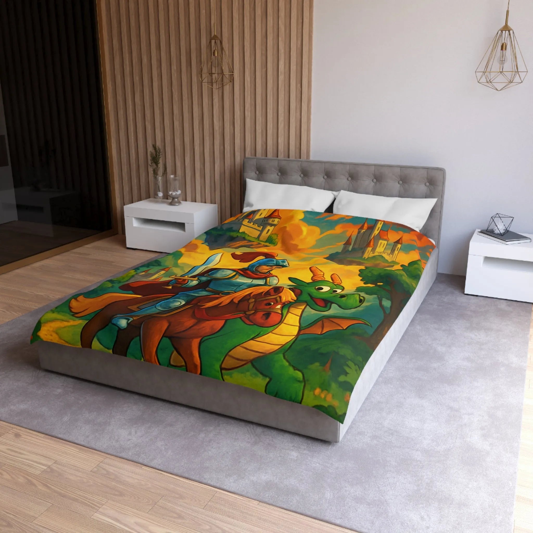 Housse de couette médiévale colorée avec chevalier, dragon et châteaux flottants fantastiques