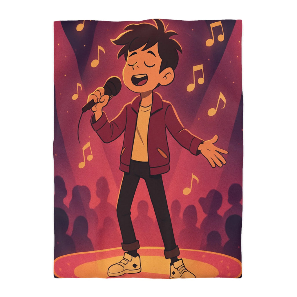 Housse de couette animée chanteur sur scène, ambiance vive et musicale au cœur vibrant