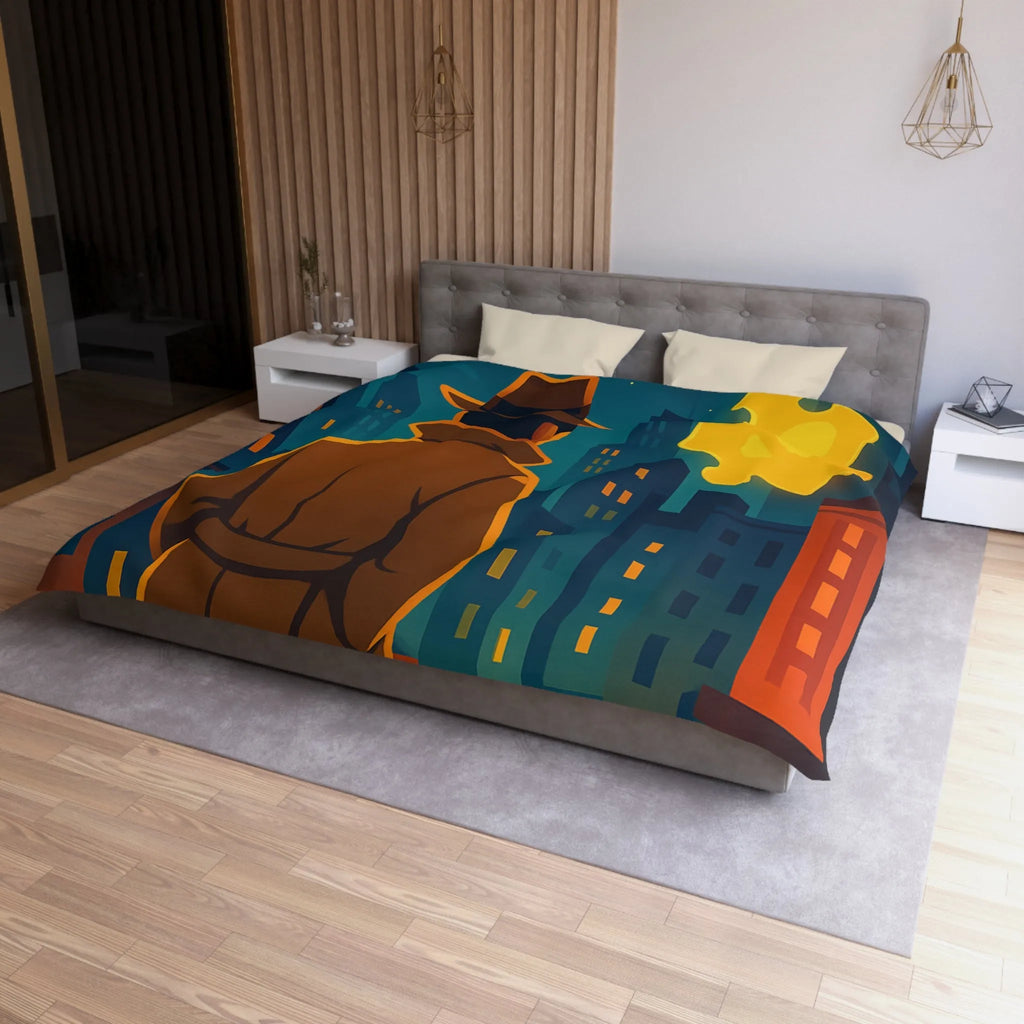 Enquête urbaine rétro avec puzzle lumineux sur housse de couette style détective nocturne