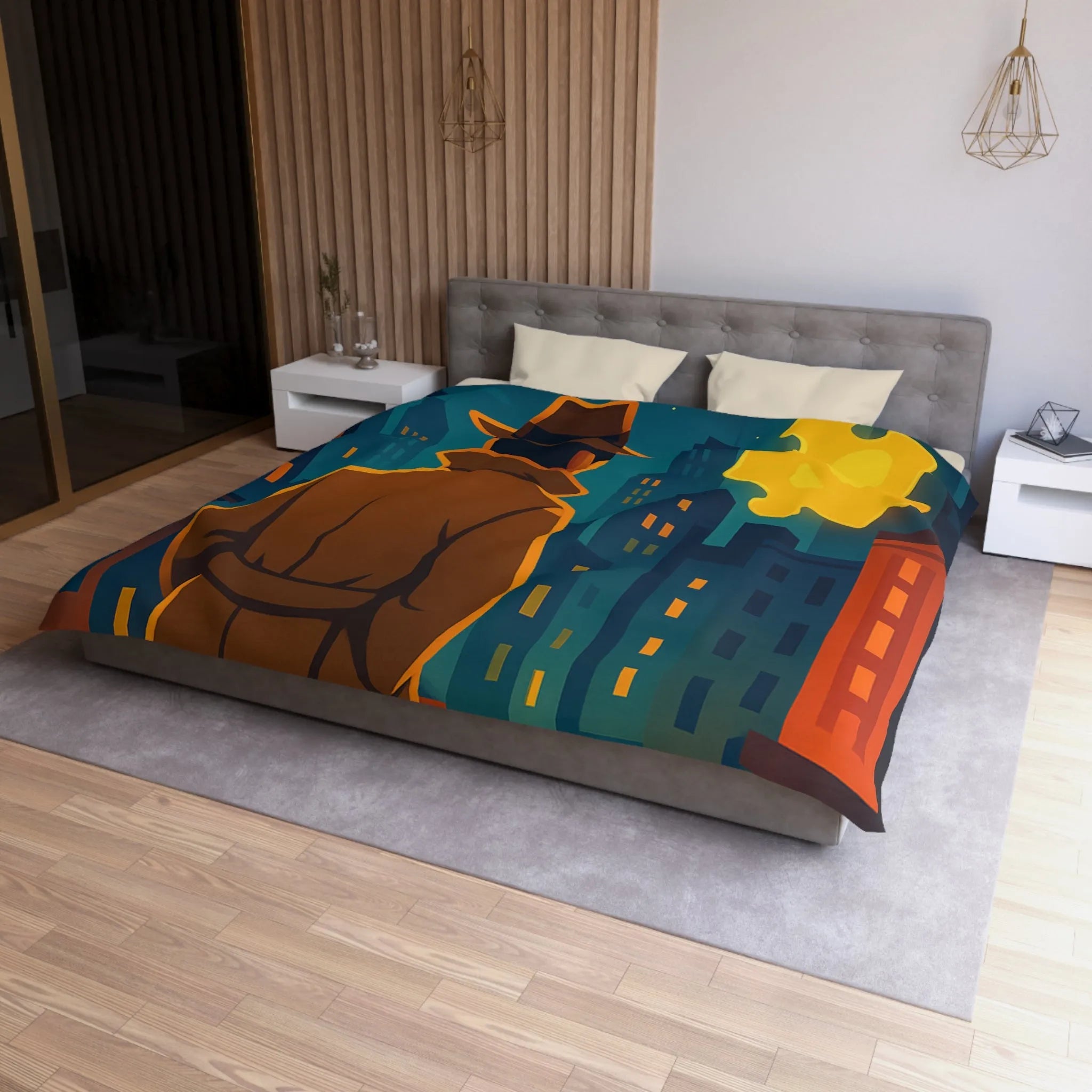 Enquête urbaine rétro avec puzzle lumineux sur housse de couette style détective nocturne